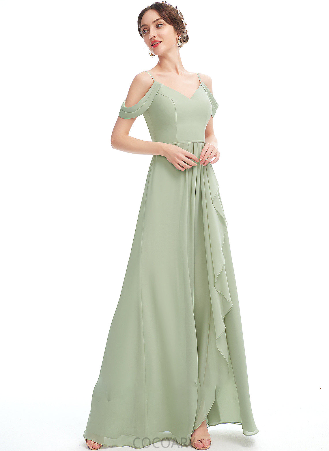 A-Line V-neck Silhouette SplitFront Length Ruffle Floor-Length Fabric Neckline Embellishment Mercedes Floor Length Bridesmaid Dresses