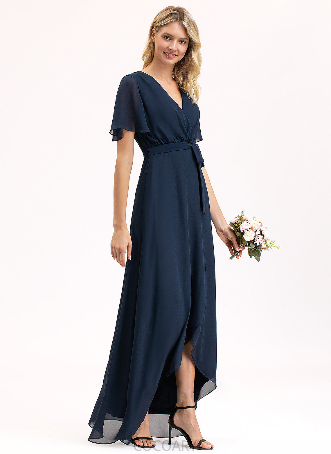 Silhouette Length Fabric A-Line Neckline Embellishment Asymmetrical Bow(s) V-neck Addyson Floor Length V-Neck Bridesmaid Dresses