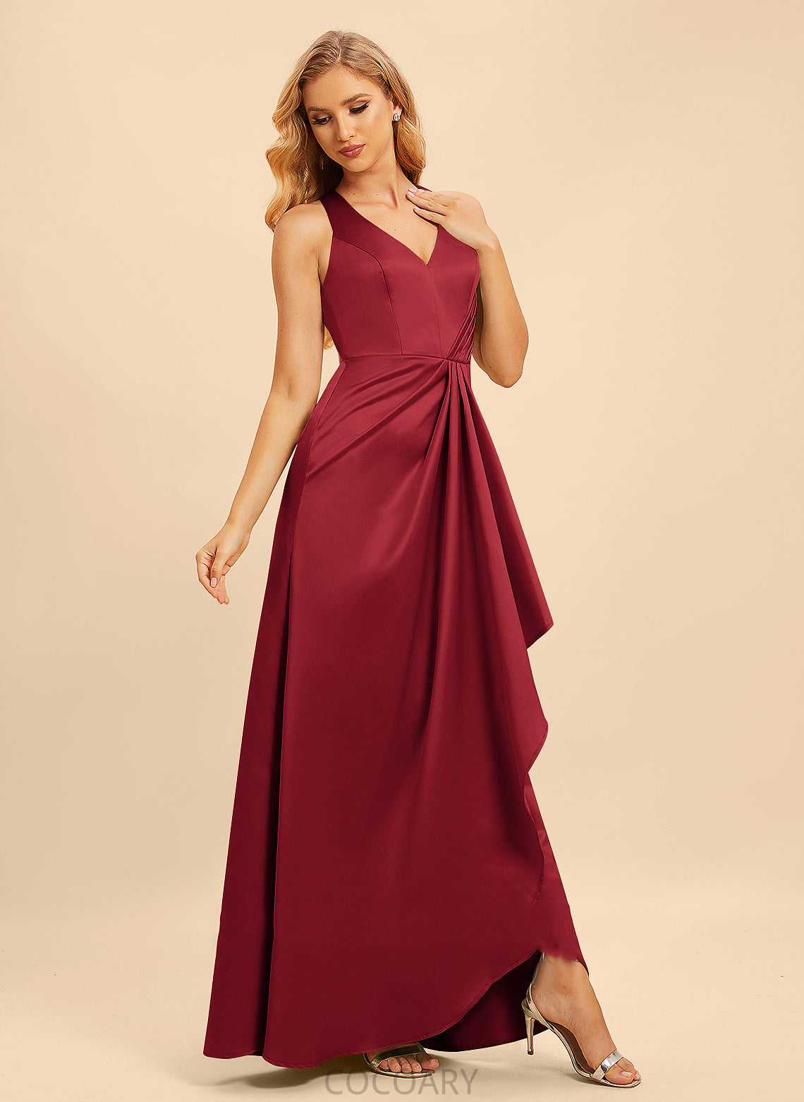 Fabric Ruffle Floor-Length SplitFront A-Line Neckline Length V-neck Silhouette Embellishment Celia Natural Waist Bridesmaid Dresses