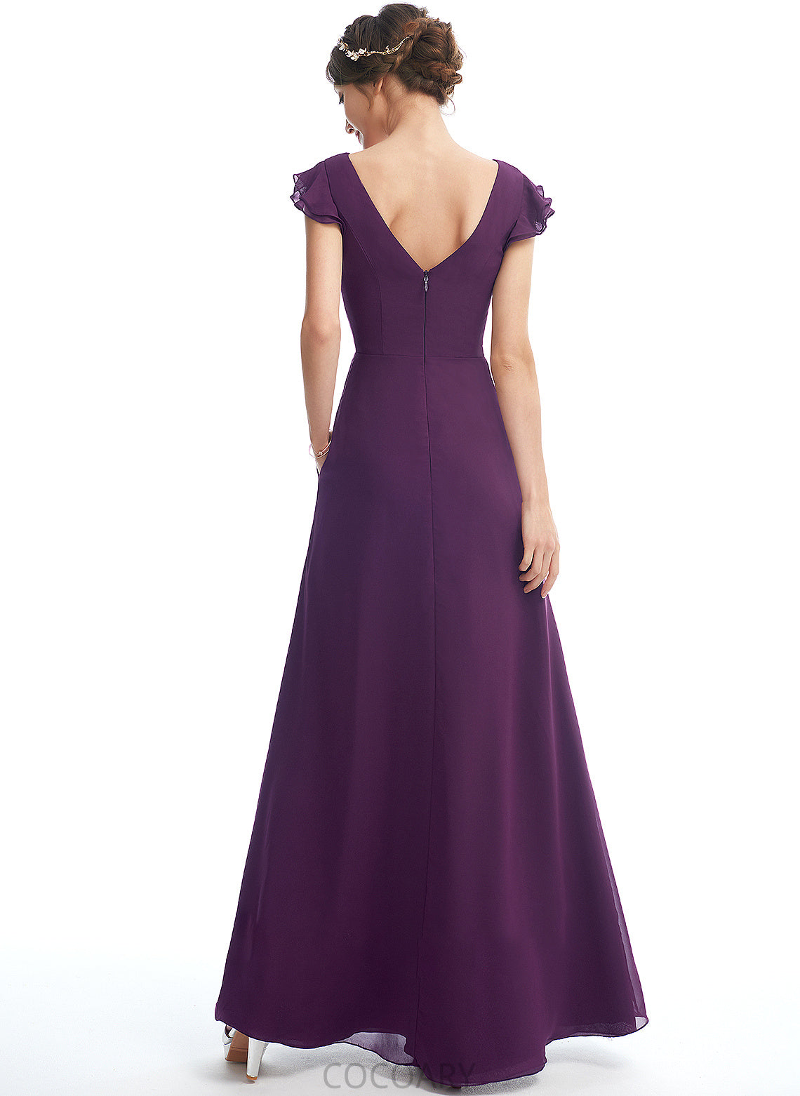 Silhouette A-Line Neckline V-neck Pockets Length Embellishment Fabric Ruffle Floor-Length Carlee Sleeveless Bridesmaid Dresses