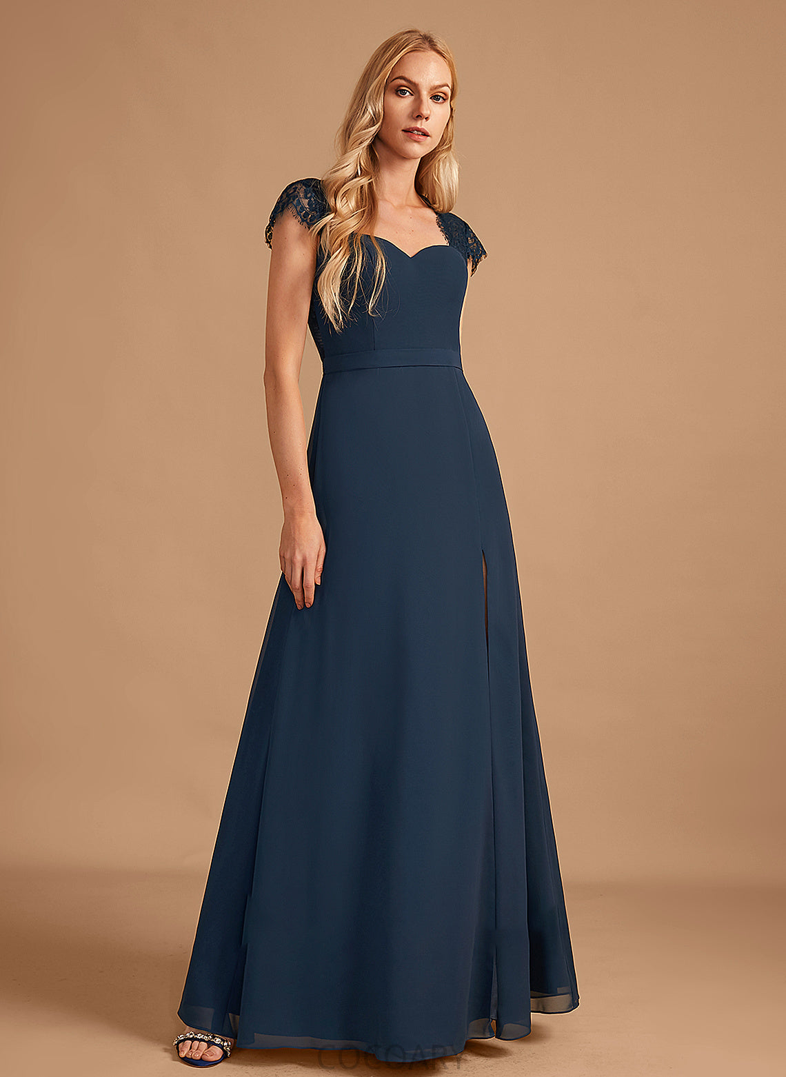 A-Line Neckline Length V-neck Lace Silhouette Embellishment SplitFront Fabric Floor-Length Lexi Natural Waist Bridesmaid Dresses