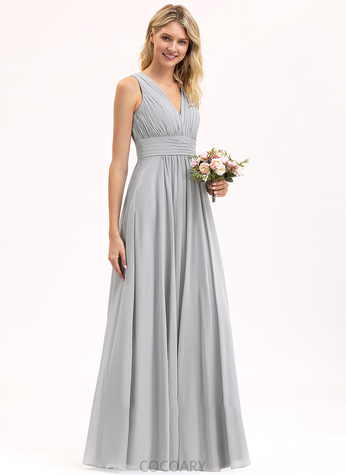 A-Line Pockets Floor-Length Bow(s) V-neck Length Fabric Ruffle Embellishment Silhouette Neckline Elaine Bridesmaid Dresses