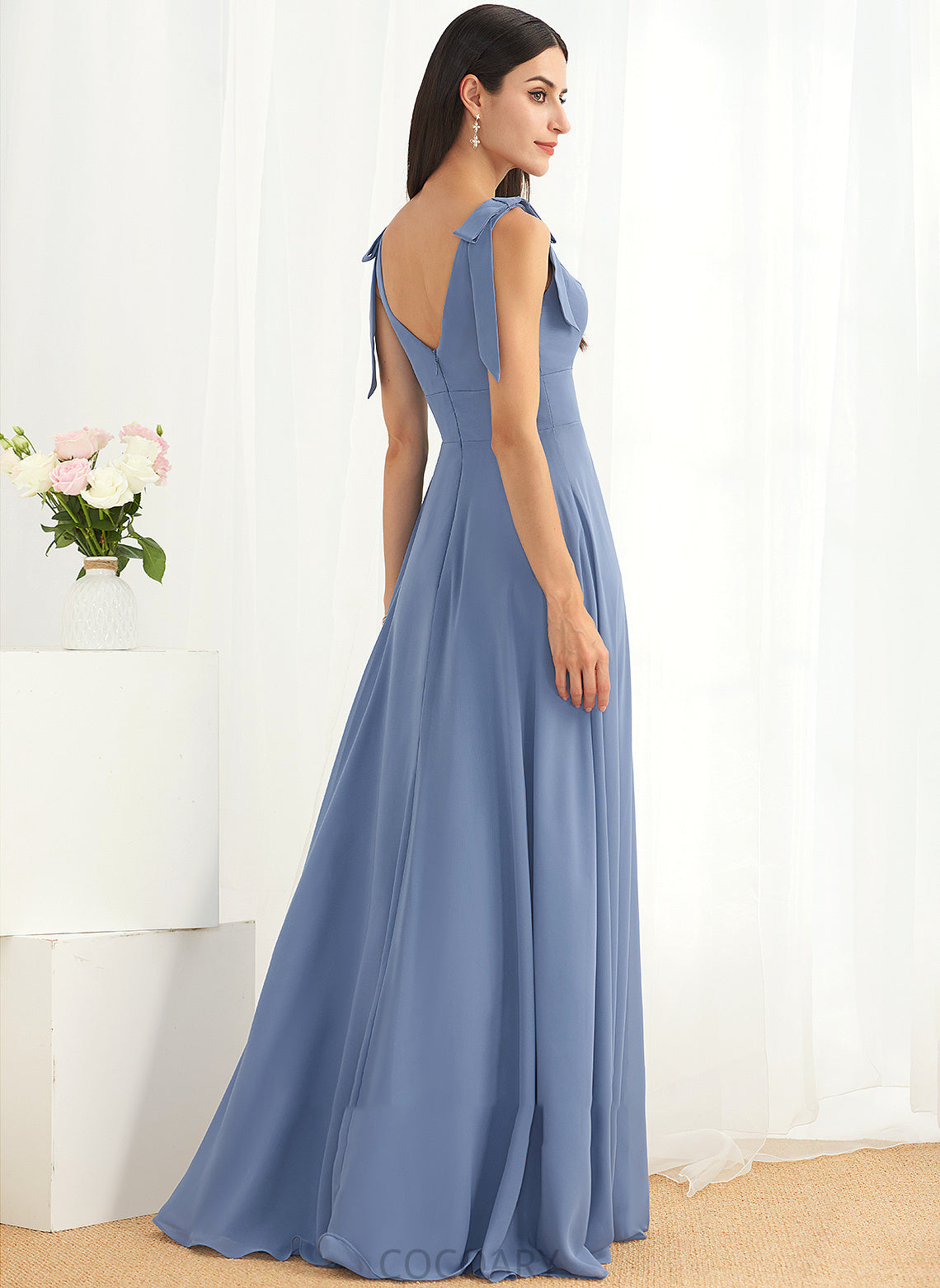 Fabric A-Line SplitFront Floor-Length Silhouette Embellishment Bow(s) V-neck Neckline Length Kendal A-Line/Princess Bridesmaid Dresses