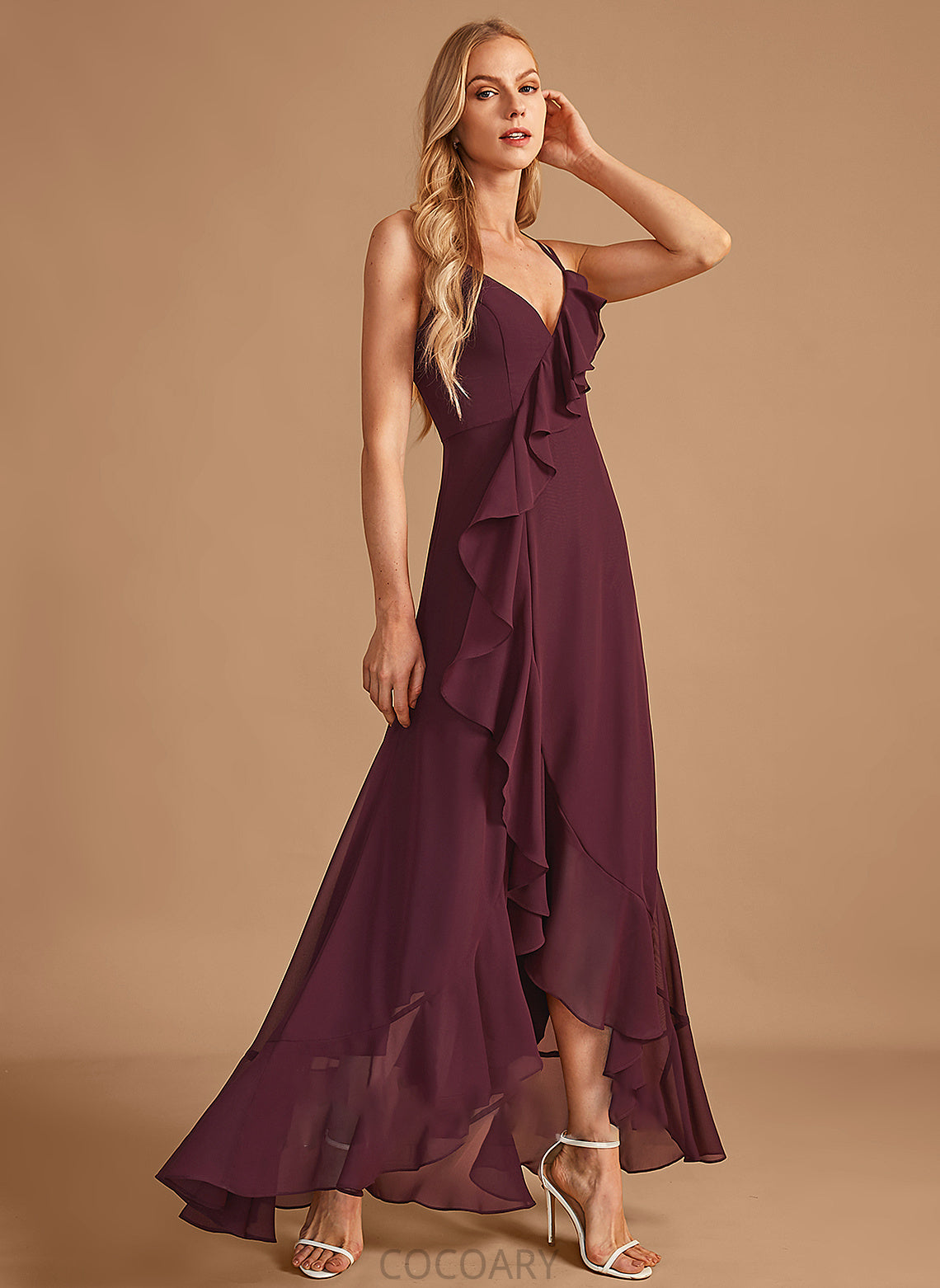 Neckline A-Line V-neck Ruffle Embellishment SplitFront Length Asymmetrical Silhouette Fabric Ayanna Tea Length Bridesmaid Dresses