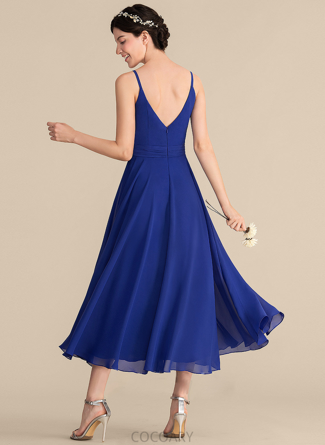 Ruffle A-Line V-neck Fabric Bow(s) Embellishment Silhouette Length Tea-Length Neckline Naima Floor Length Bridesmaid Dresses