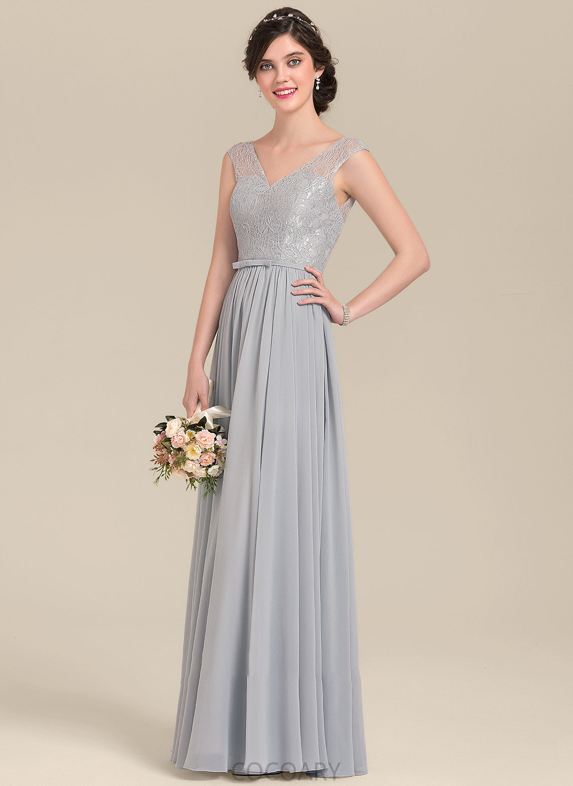 Fabric V-neck Floor-Length Silhouette Length A-Line Neckline Bow(s) Embellishment Melina Sleeveless A-Line/Princess Bridesmaid Dresses