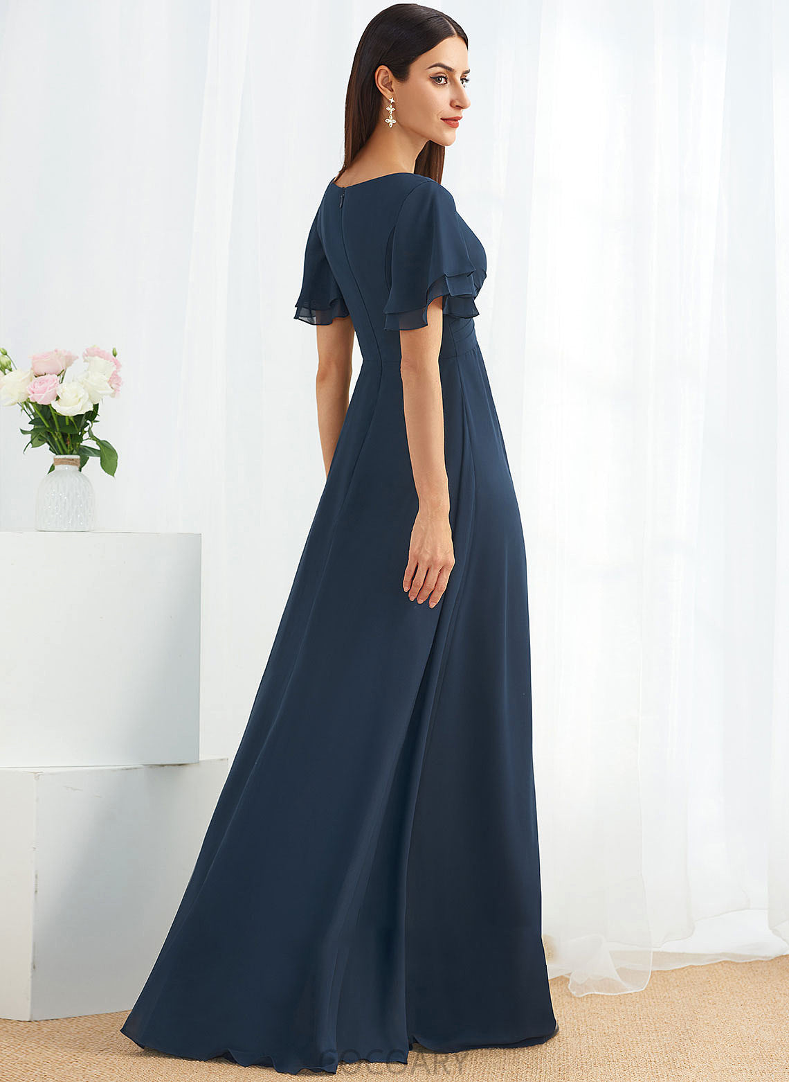 Embellishment SplitFront Silhouette Fabric A-Line Neckline Length V-neck Floor-Length Zariah V-Neck Natural Waist Bridesmaid Dresses