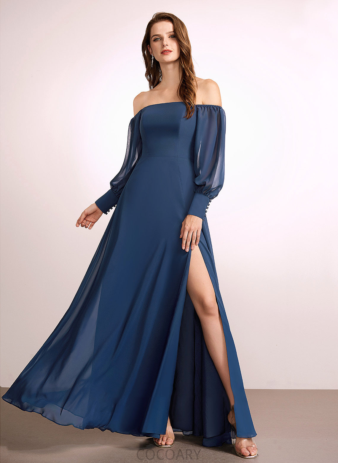 A-Line Silhouette Neckline Length Fabric Embellishment SplitFront Off-the-Shoulder Floor-Length Haven Natural Waist Floor Length Bridesmaid Dresses