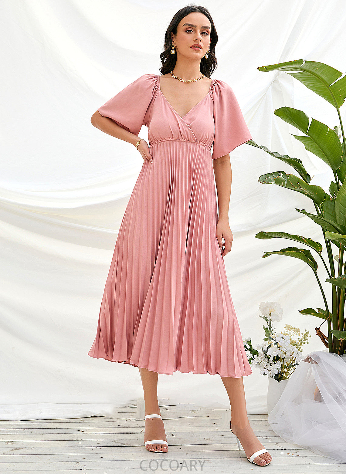 Neckline V-neck Length Embellishment Pleated Fabric Silhouette Tea-Length A-Line Jane A-Line/Princess Natural Waist Bridesmaid Dresses