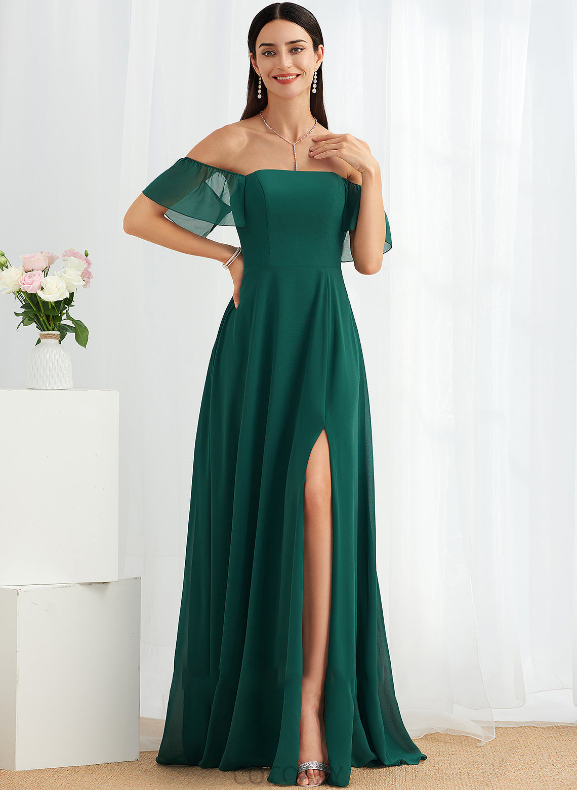 Silhouette A-Line Length Fabric Off-the-Shoulder SplitFront Floor-Length Embellishment Neckline Nadia A-Line/Princess Floor Length Bridesmaid Dresses