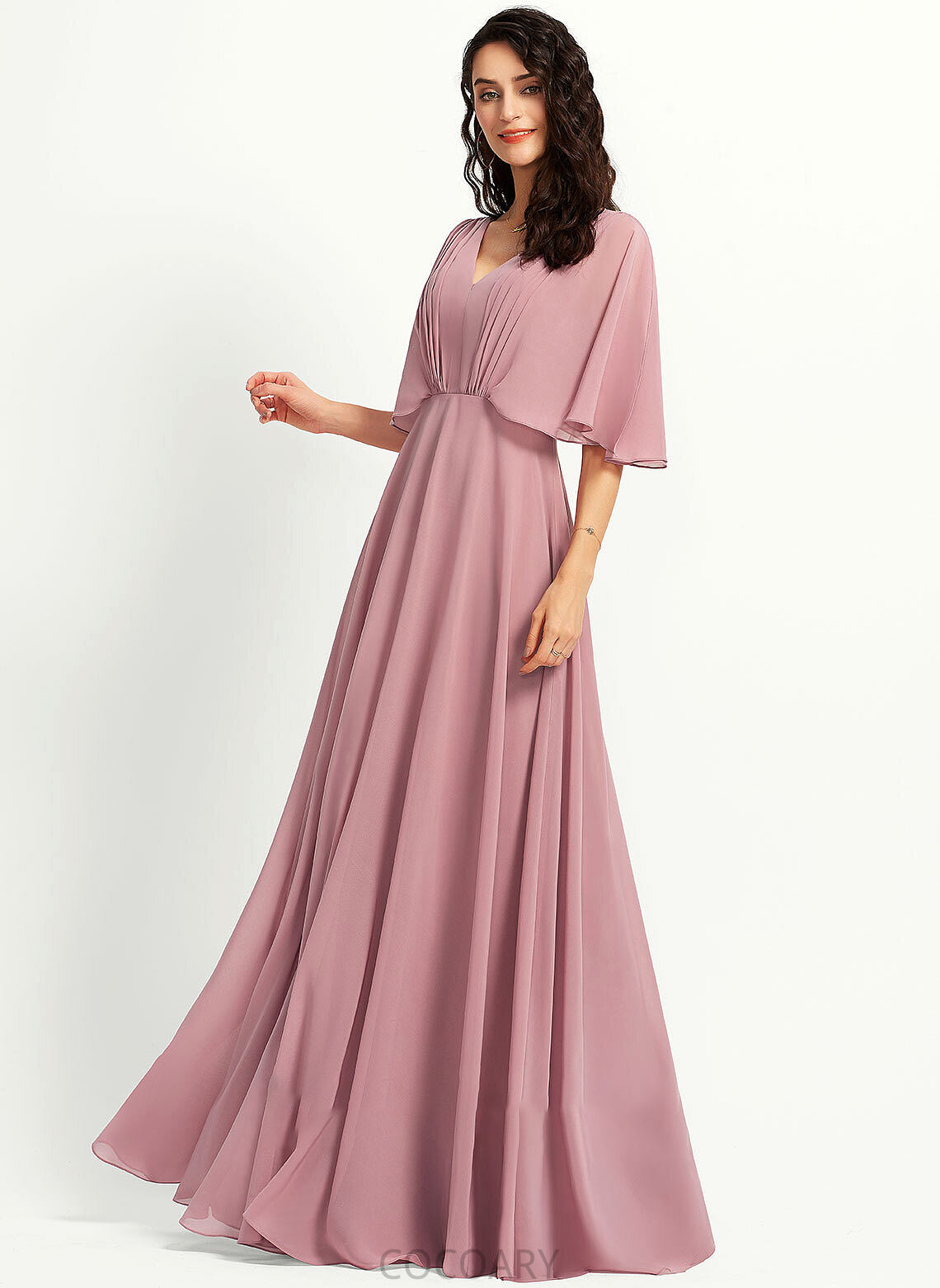 A-Line Fabric Silhouette V-neck Ruffle Floor-Length Length Neckline Embellishment Renee Floor Length V-Neck Bridesmaid Dresses