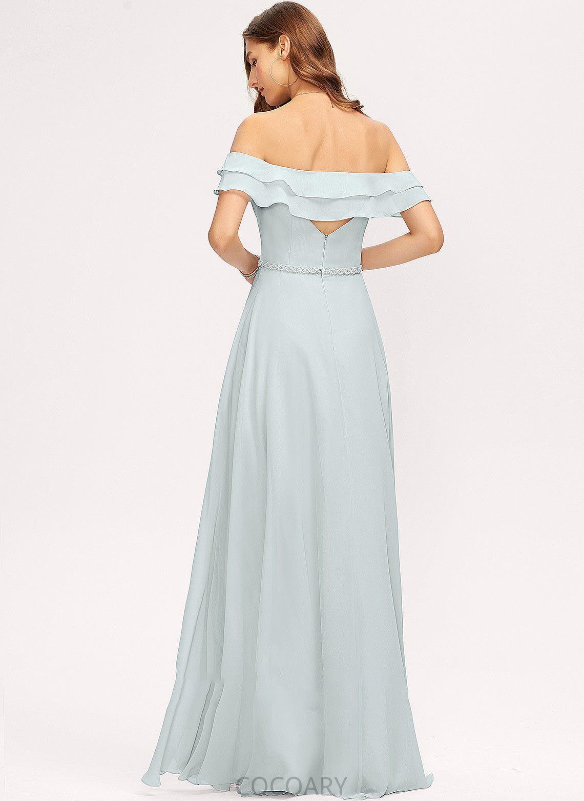 Off-the-Shoulder A-Line SplitFront Embellishment Floor-Length CascadingRuffles Length Silhouette Beading Fabric Neckline Charlie Bridesmaid Dresses