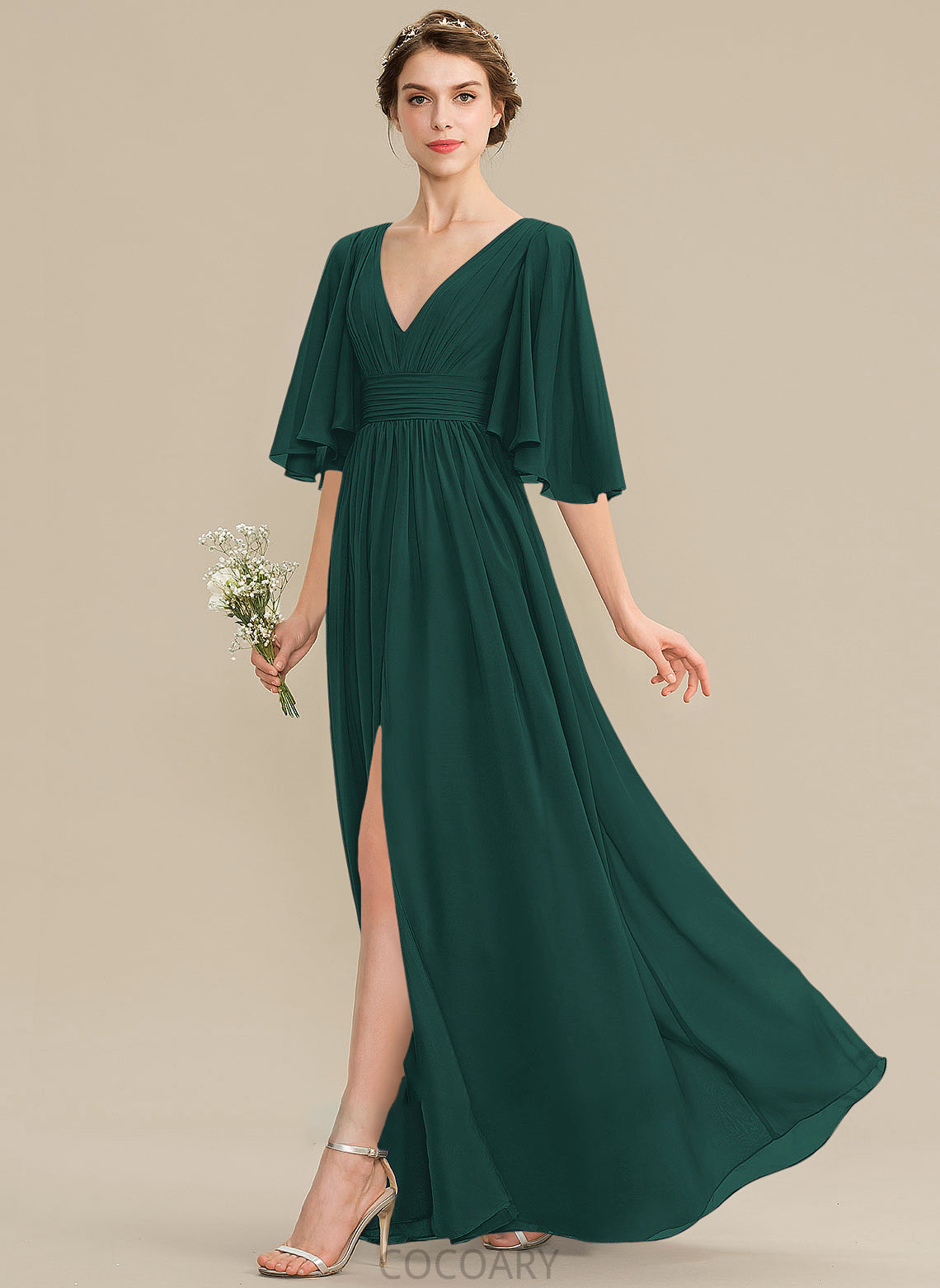 A-Line V-neck Fabric SplitFront Neckline Floor-Length Bow(s) Embellishment Length Silhouette Ruffle Shaylee Bridesmaid Dresses