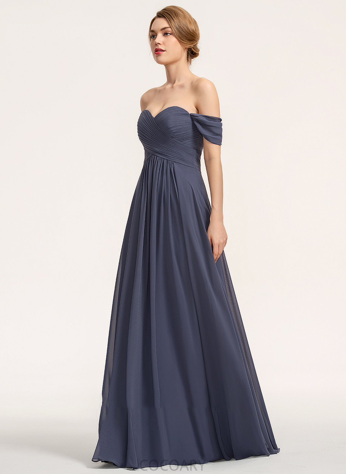 Length Floor-Length A-Line Silhouette Neckline Fabric Off-the-Shoulder Ruffle Embellishment Nicole Natural Waist V-Neck Bridesmaid Dresses