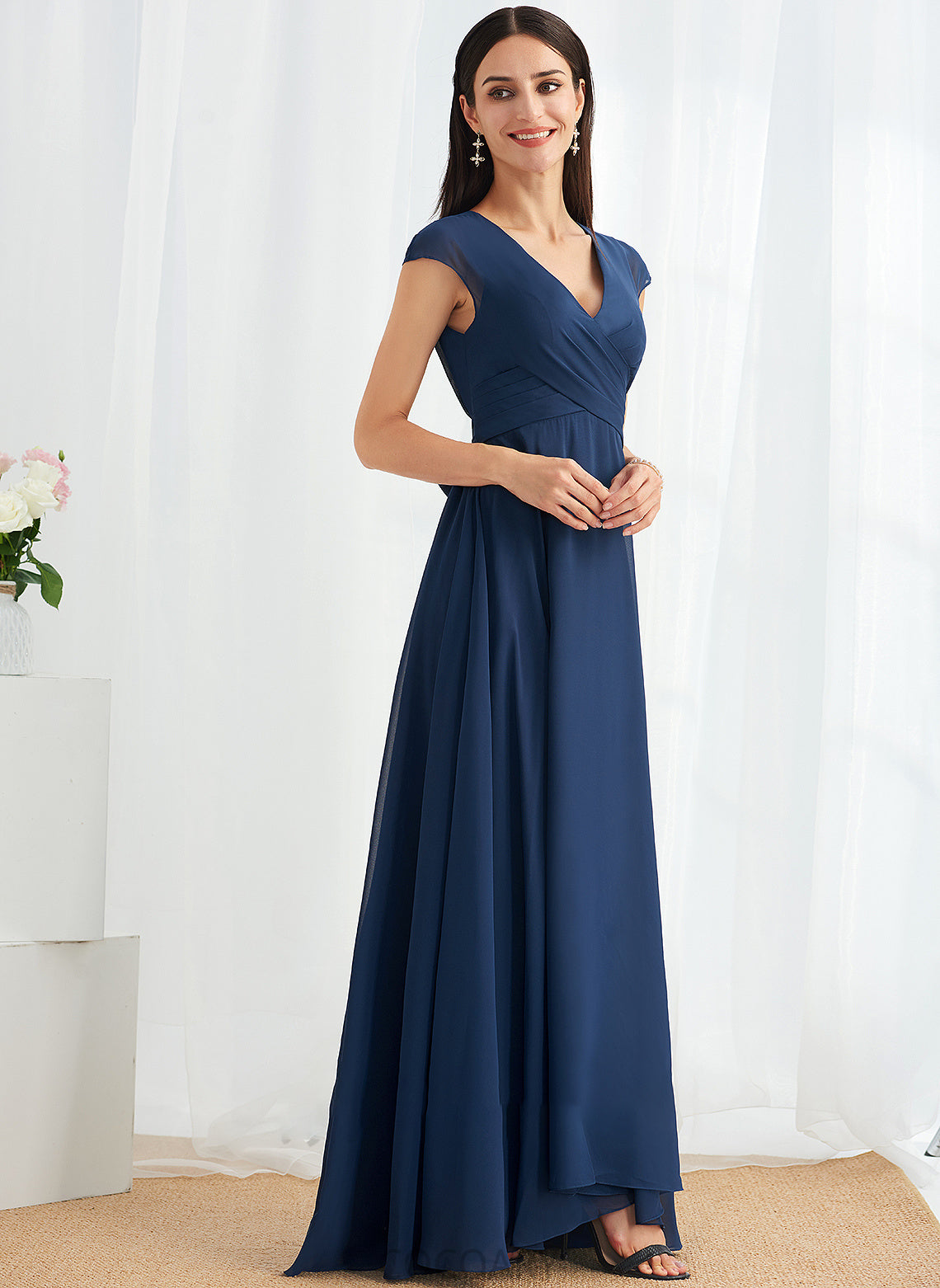 V-neck Silhouette A-Line Ruffle Neckline Fabric Length Embellishment Floor-Length Judith A-Line/Princess Floor Length Bridesmaid Dresses