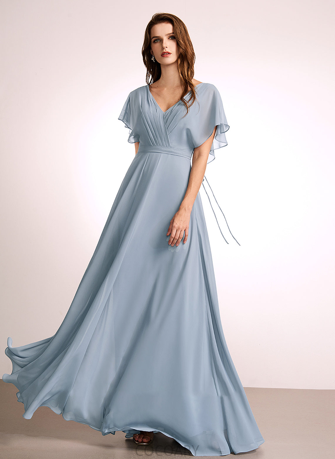 Floor-Length Embellishment Neckline Silhouette Length V-neck Ruffle Fabric A-Line Yoselin Floor Length Natural Waist Bridesmaid Dresses