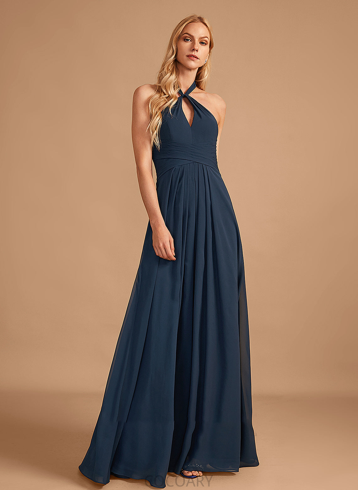 A-Line Fabric Floor-Length Neckline Embellishment Ruffle Halter Silhouette Length Ximena Sleeveless A-Line/Princess Bridesmaid Dresses