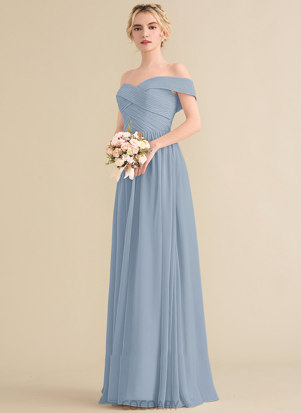 Neckline Off-the-Shoulder Fabric A-Line Silhouette Length Embellishment Floor-Length Ruffle Kayley V-Neck A-Line/Princess Bridesmaid Dresses