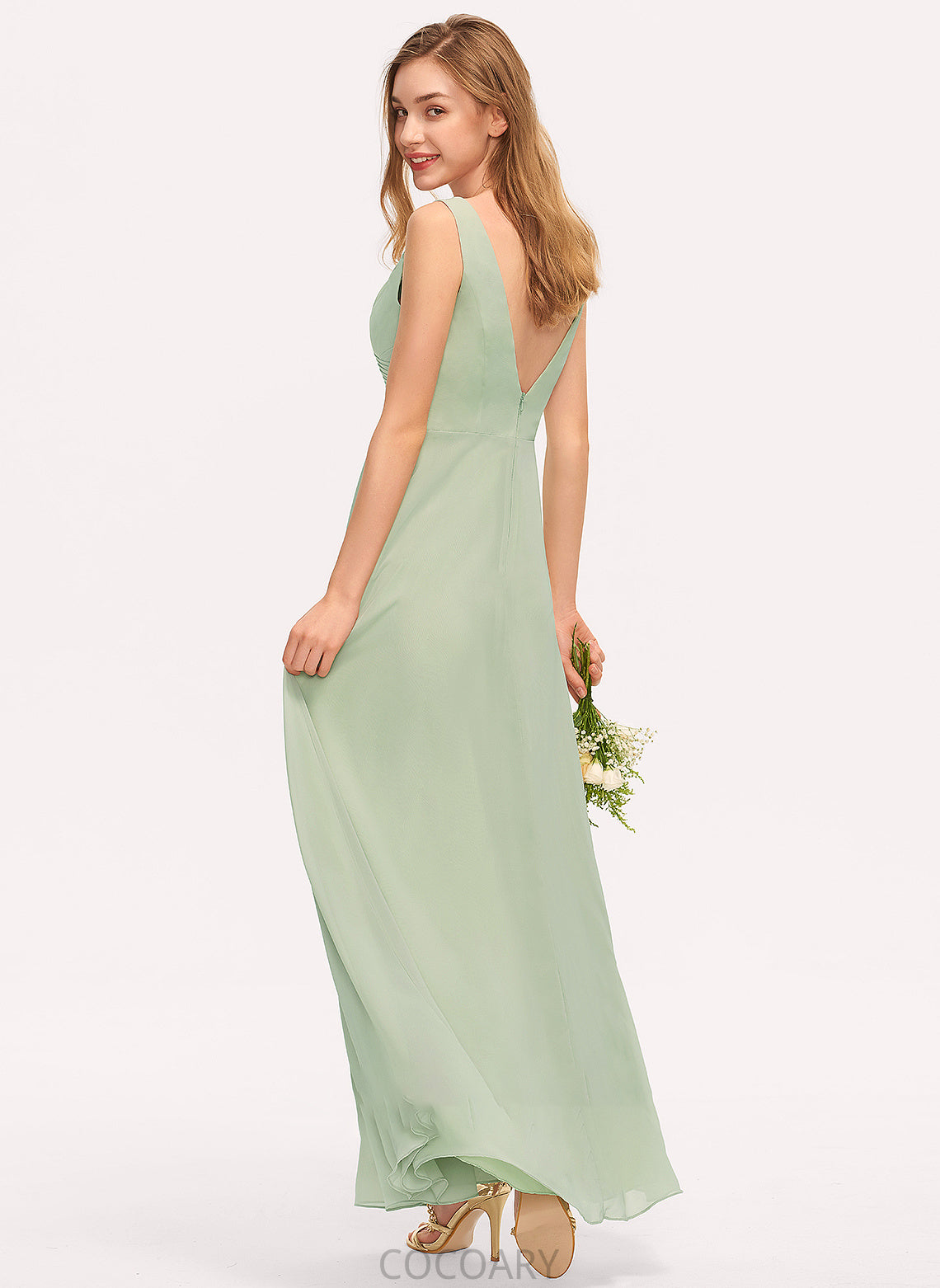 Floor-Length Length A-Line SplitFront V-neck Neckline Ruffle Silhouette Embellishment Fabric Thea Sleeveless Bridesmaid Dresses