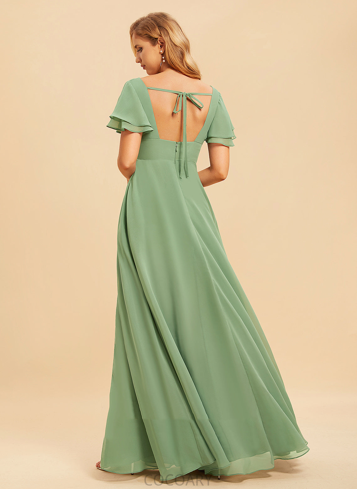 Ruffle A-Line Embellishment Length V-neck Neckline SplitFront Silhouette Floor-Length Fabric Nathalie Bridesmaid Dresses