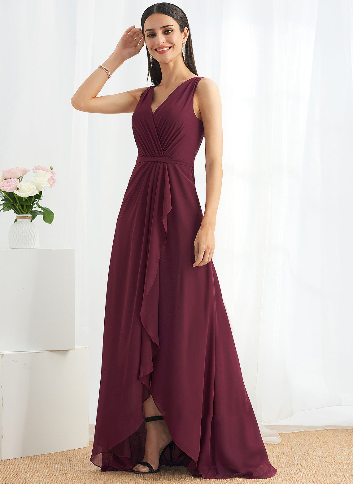 A-Line Asymmetrical Neckline Length V-neck Silhouette SplitFront Embellishment Fabric Selena Natural Waist Lace Bridesmaid Dresses