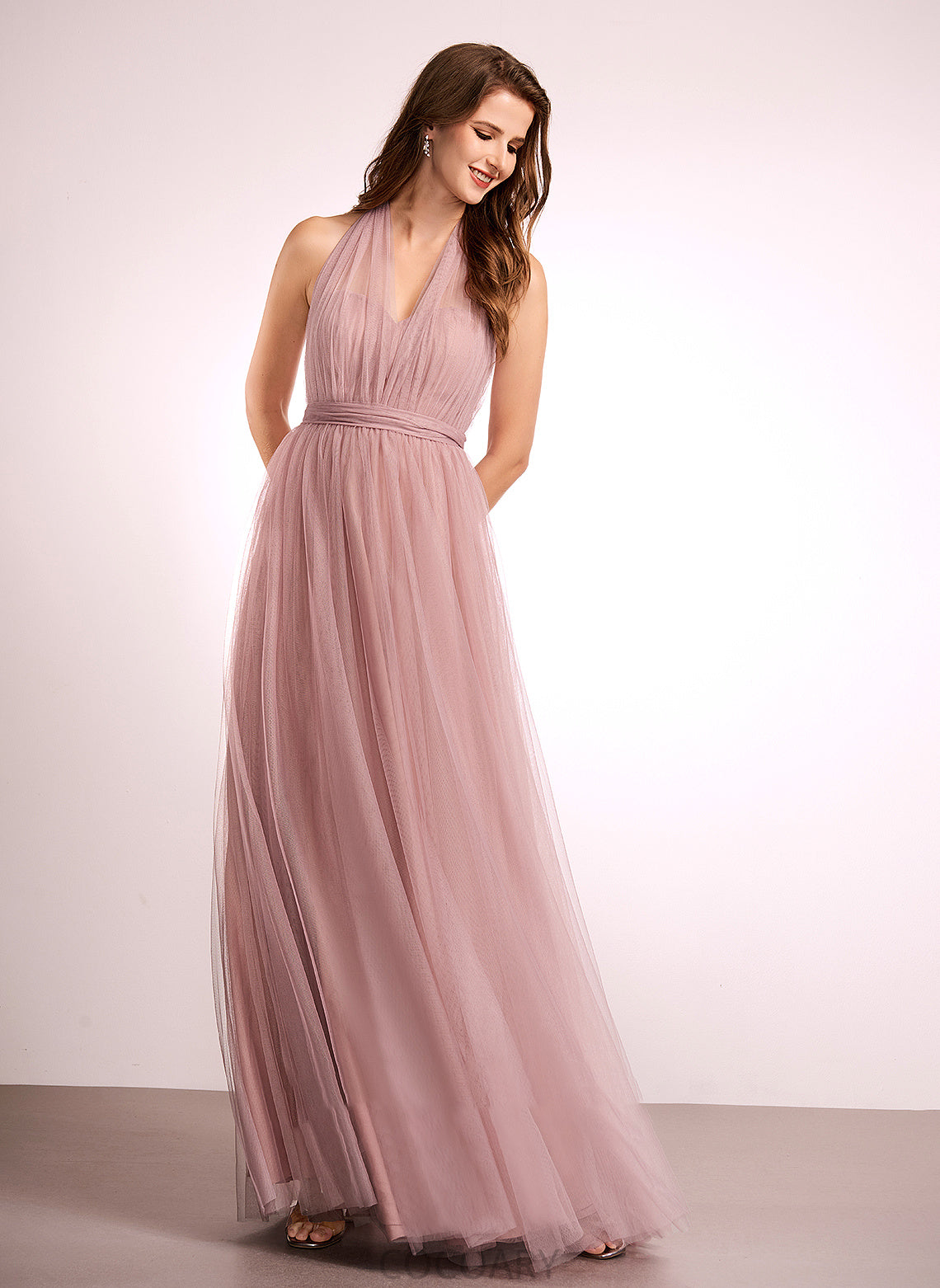 Straps Floor-Length A-Line Neckline Tulle Off-the-Shoulder One-Shoulder Fabric V-neck Silhouette Length Jaidyn Bridesmaid Dresses