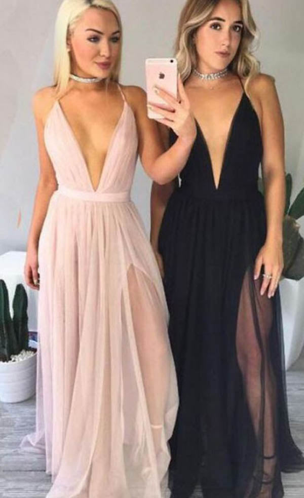 Sexy Deep V Neck Halter Tie Back Side Slit Prom Dresses