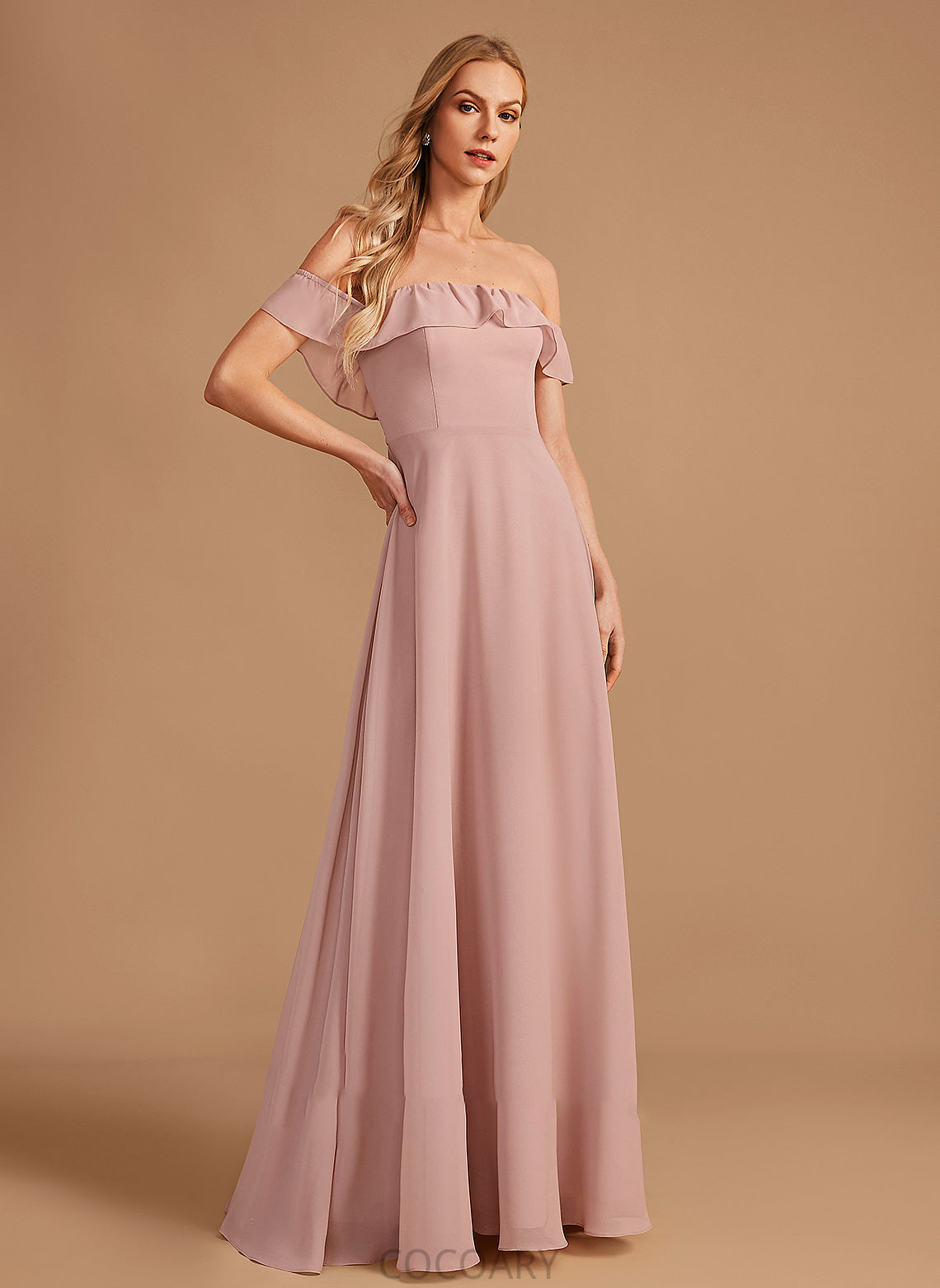 Length Ruffle Floor-Length Embellishment A-Line Off-the-Shoulder Neckline Silhouette Fabric Rebecca A-Line/Princess Natural Waist Bridesmaid Dresses