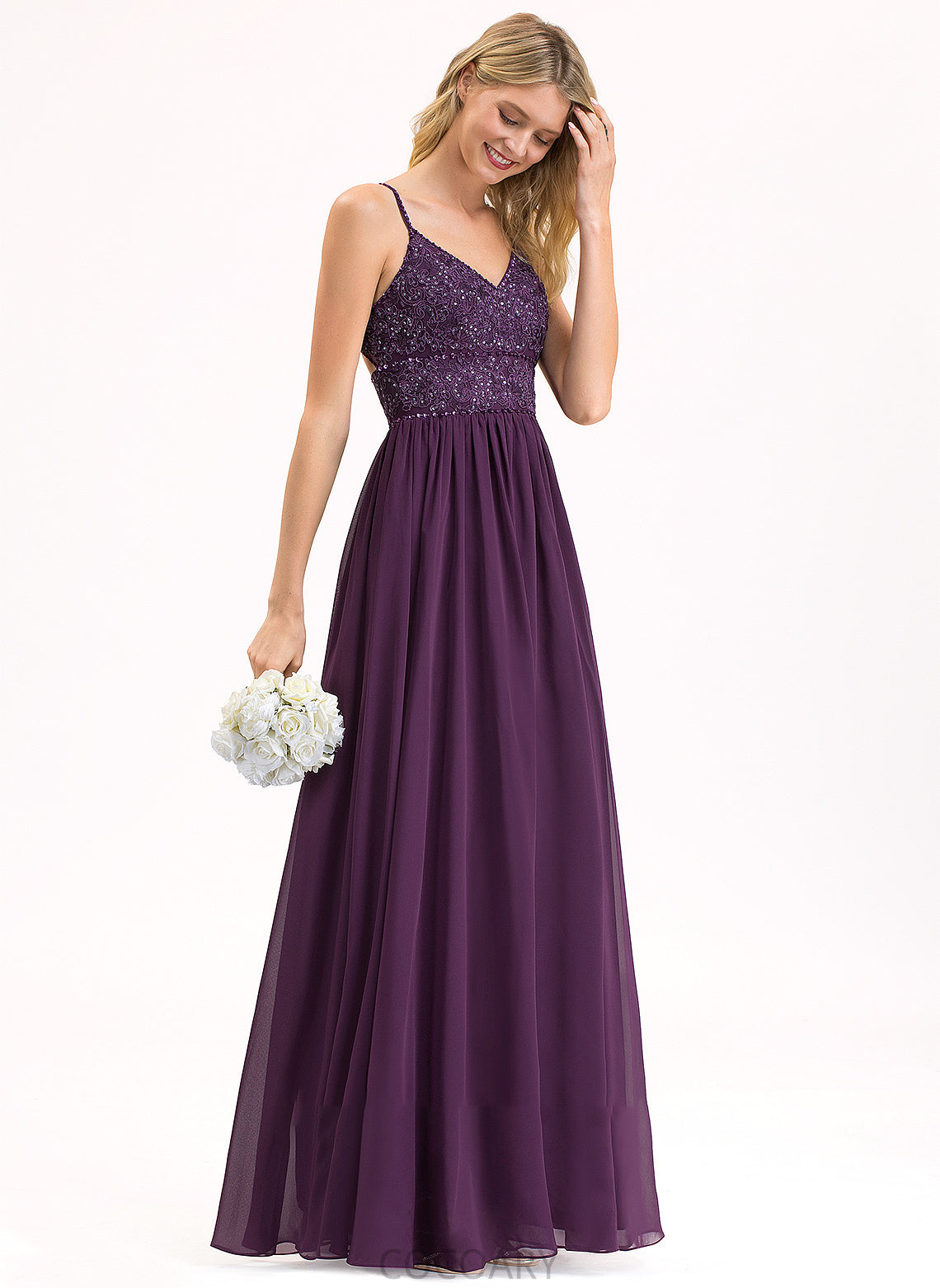 Floor-Length Fabric V-neck Beading Length A-Line Embellishment Sequins Silhouette Neckline Rosalie A-Line/Princess Bridesmaid Dresses