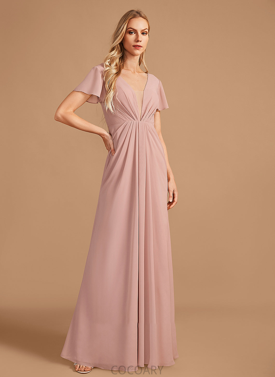 Ruffle Neckline V-neck Silhouette Floor-Length Fabric A-Line Length Embellishment Fiona Natural Waist A-Line/Princess Bridesmaid Dresses