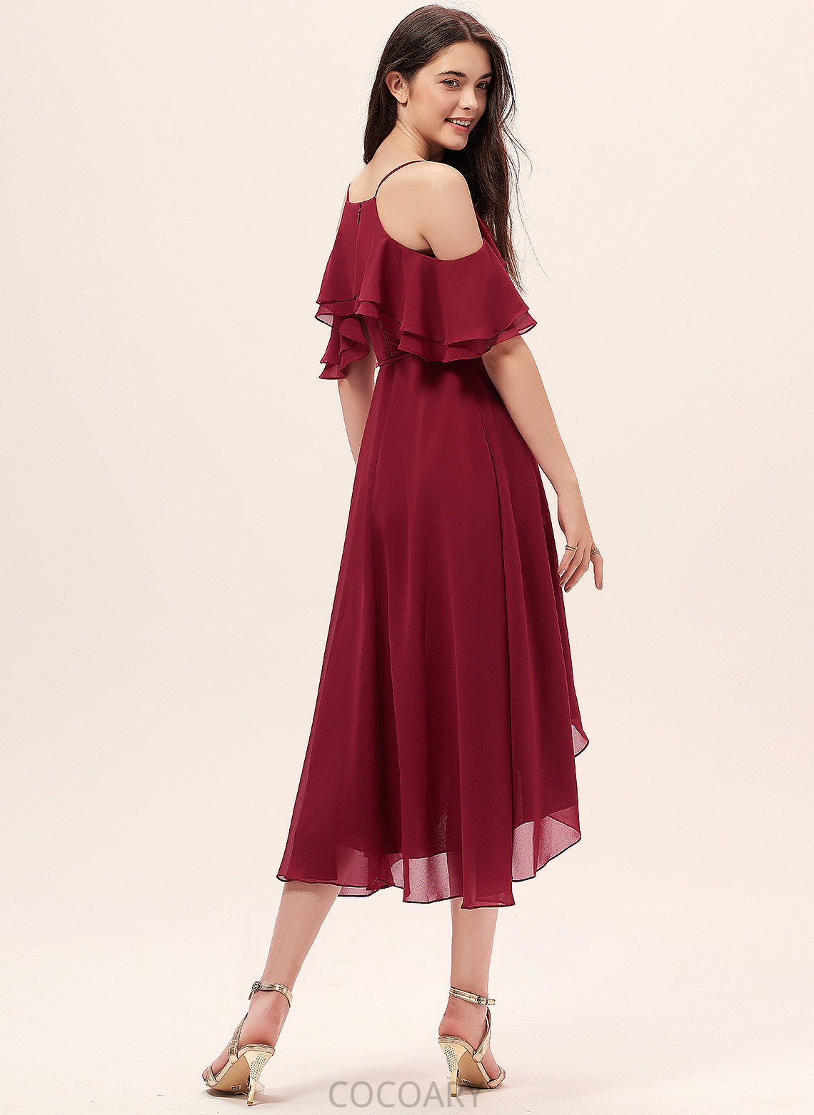 Asymmetrical Silhouette Neckline A-Line Length CascadingRuffles V-neck Fabric Embellishment Ximena Sleeveless Off The Shoulder Bridesmaid Dresses