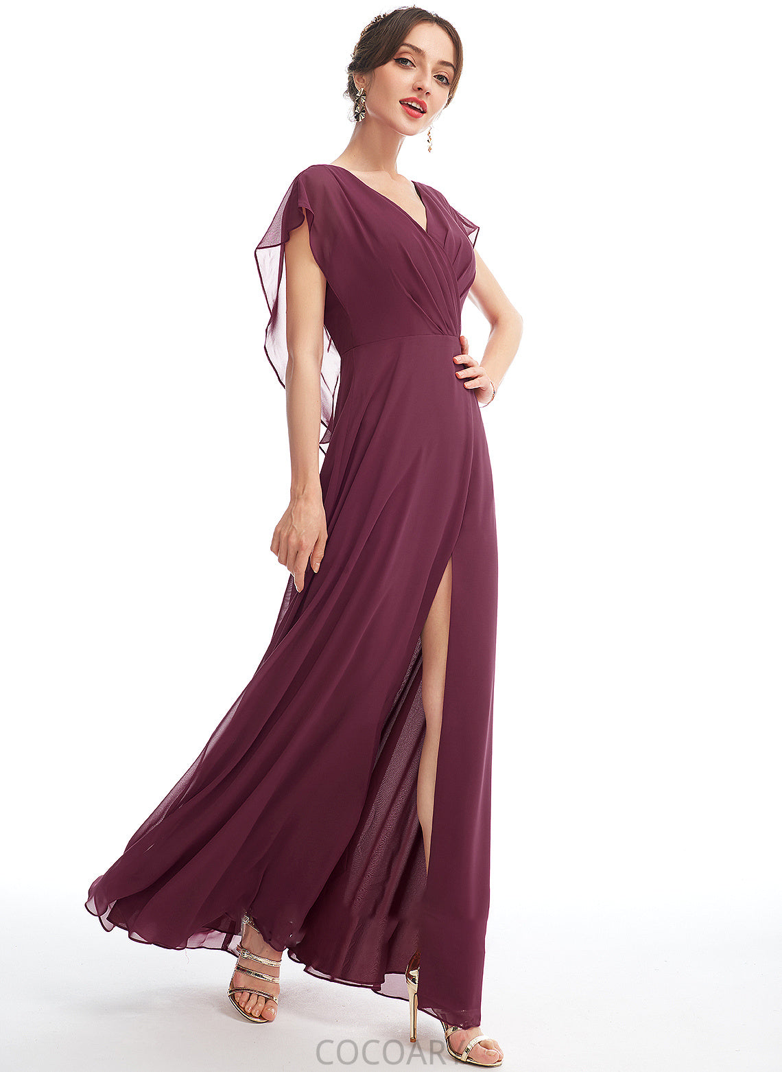 Ruffle Fabric V-neck Floor-Length Embellishment Neckline Silhouette Length A-Line SplitFront Shelby Sleeveless Bridesmaid Dresses