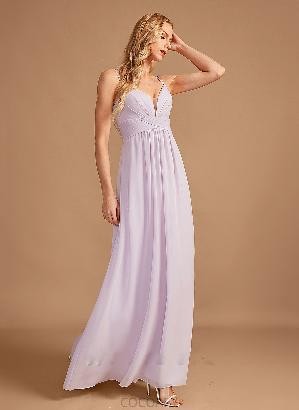 Floor-Length V-neck Embellishment Length Fabric Silhouette A-Line Neckline Ruffle Elsie Spaghetti Staps A-Line/Princess Bridesmaid Dresses