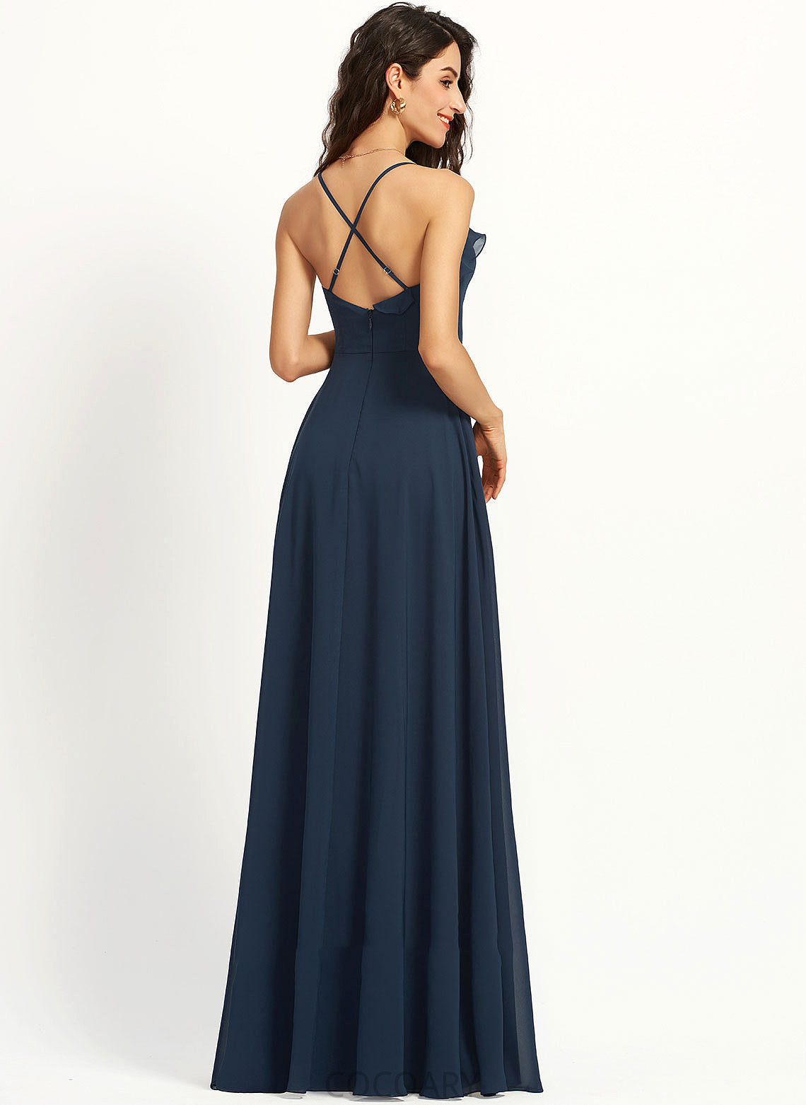 Neckline Embellishment Length SplitFront Fabric A-Line Floor-Length V-neck Silhouette Shyla Sleeveless Natural Waist Bridesmaid Dresses