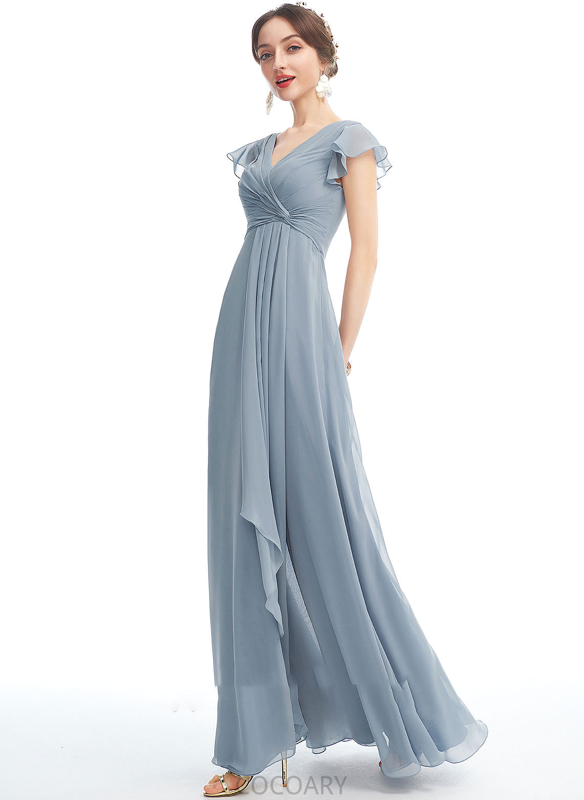 Neckline Ruffle Floor-Length A-Line Length Fabric Silhouette SplitFront Embellishment V-neck Eden Floor Length Bridesmaid Dresses