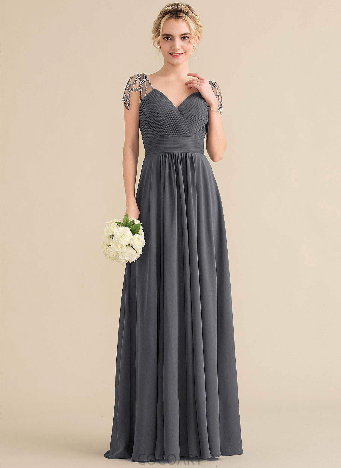 Ruffle Length V-neck Sequins Fabric A-Line Floor-Length Beading Embellishment Neckline Silhouette Ina Bridesmaid Dresses