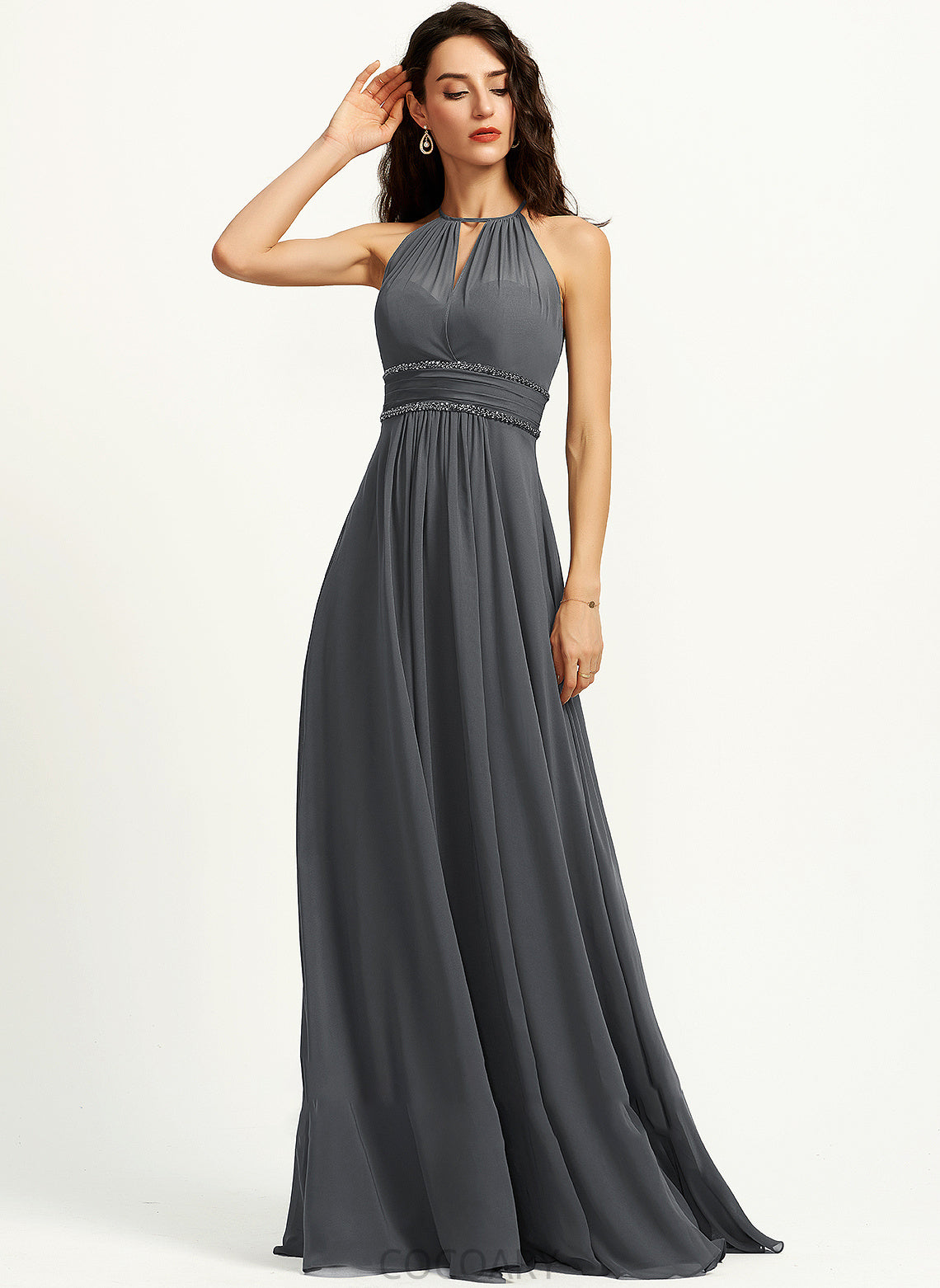 Silhouette Beading Ruffle Neckline Sequins A-Line Halter Length Fabric Embellishment Floor-Length Nita Bridesmaid Dresses