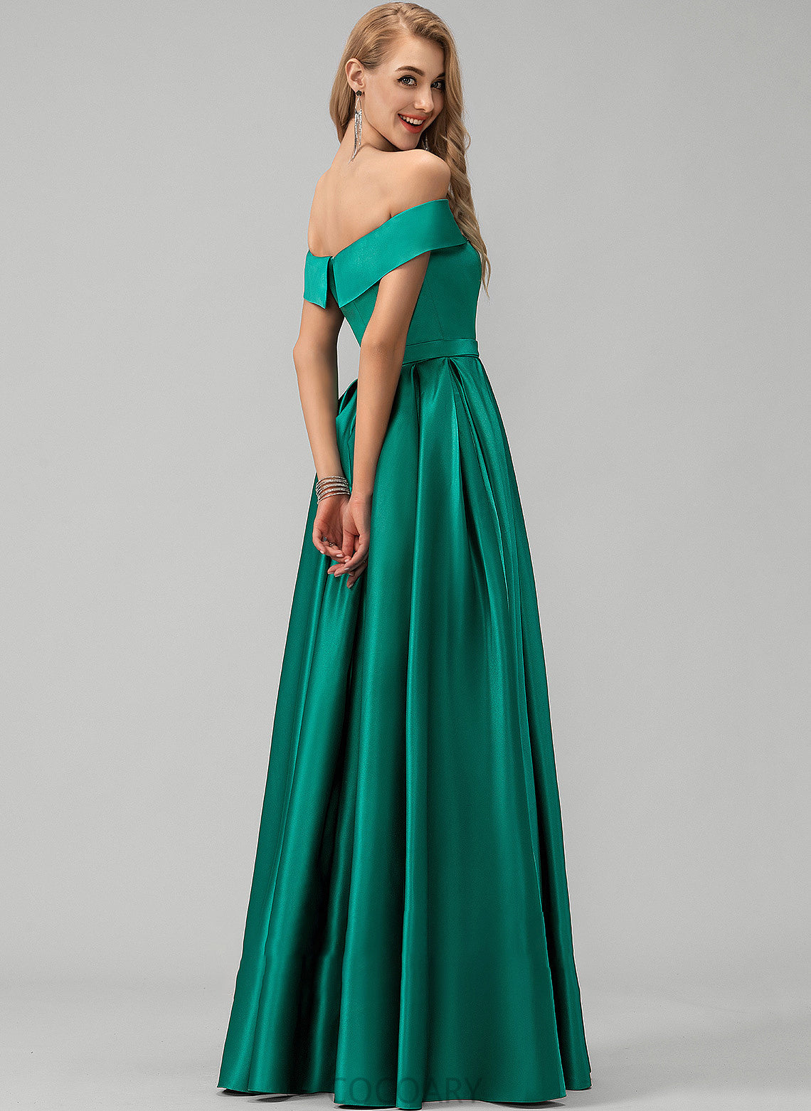 Floor-Length Neckline Embellishment Off-the-Shoulder Pockets Length Satin Fabric Straps SplitFront Asia Sleeveless Bridesmaid Dresses