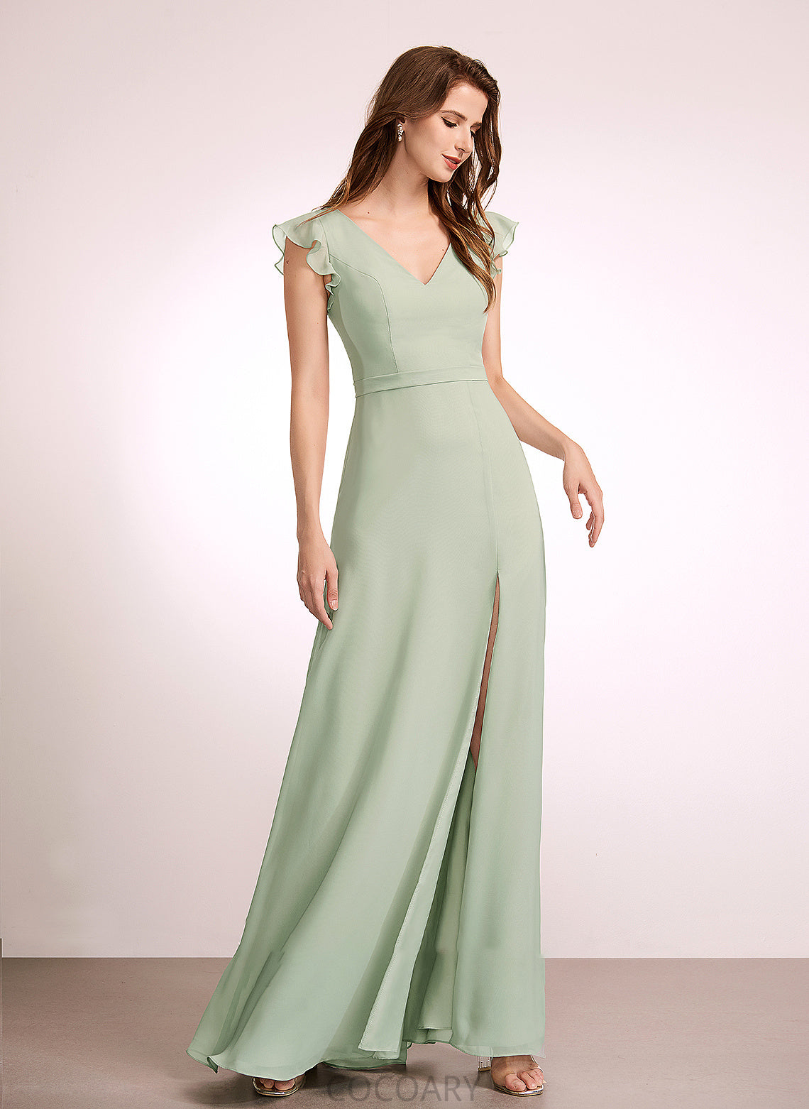 Floor-Length Neckline SplitFront Embellishment V-neck Fabric Length Silhouette A-Line Sherry Sleeveless Natural Waist Bridesmaid Dresses