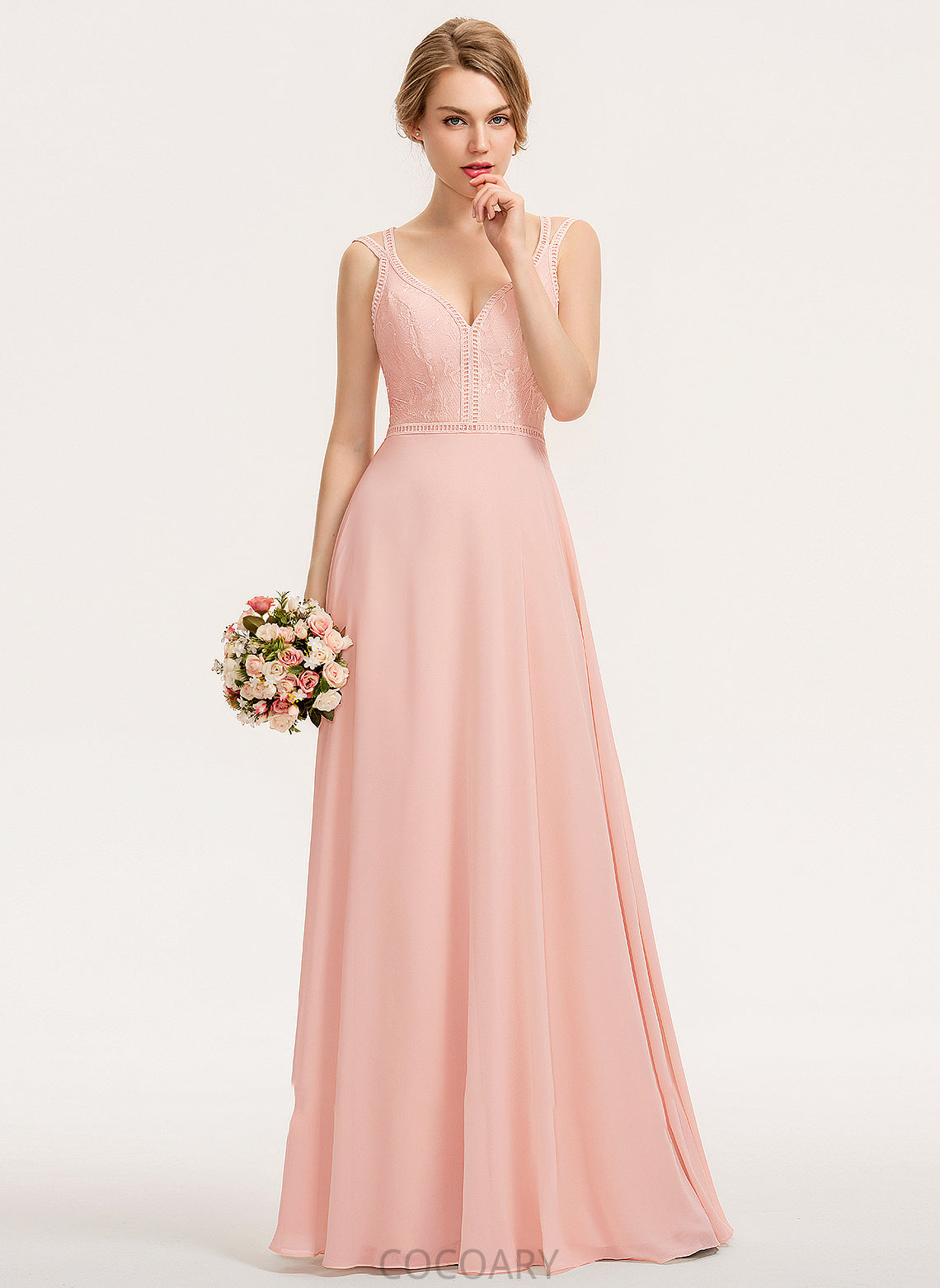 A-Line V-neck Neckline Lace Straps Length Fabric Floor-Length Silhouette Kaitlyn Sleeveless Trumpet/Mermaid Bridesmaid Dresses