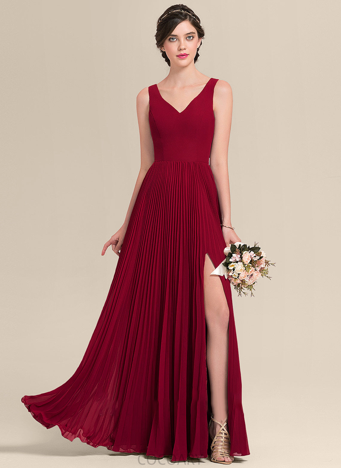 Neckline SplitFront Embellishment Length V-neck Pleated Silhouette Fabric A-Line Floor-Length Julia Spaghetti Staps Bridesmaid Dresses