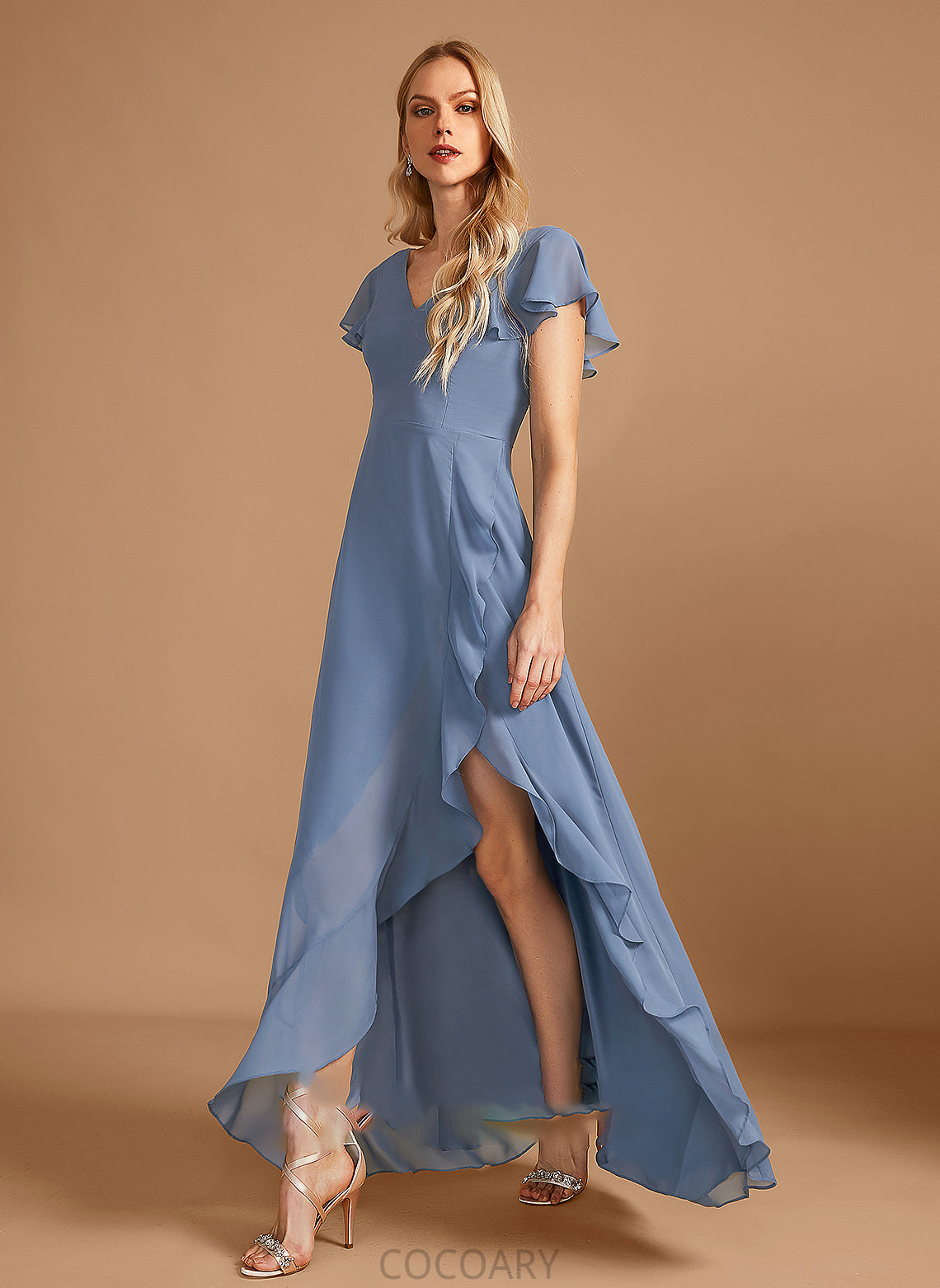 V-neck Fabric SplitFront Neckline Silhouette Embellishment Asymmetrical Length A-Line Ruffle Ana Natural Waist Bridesmaid Dresses