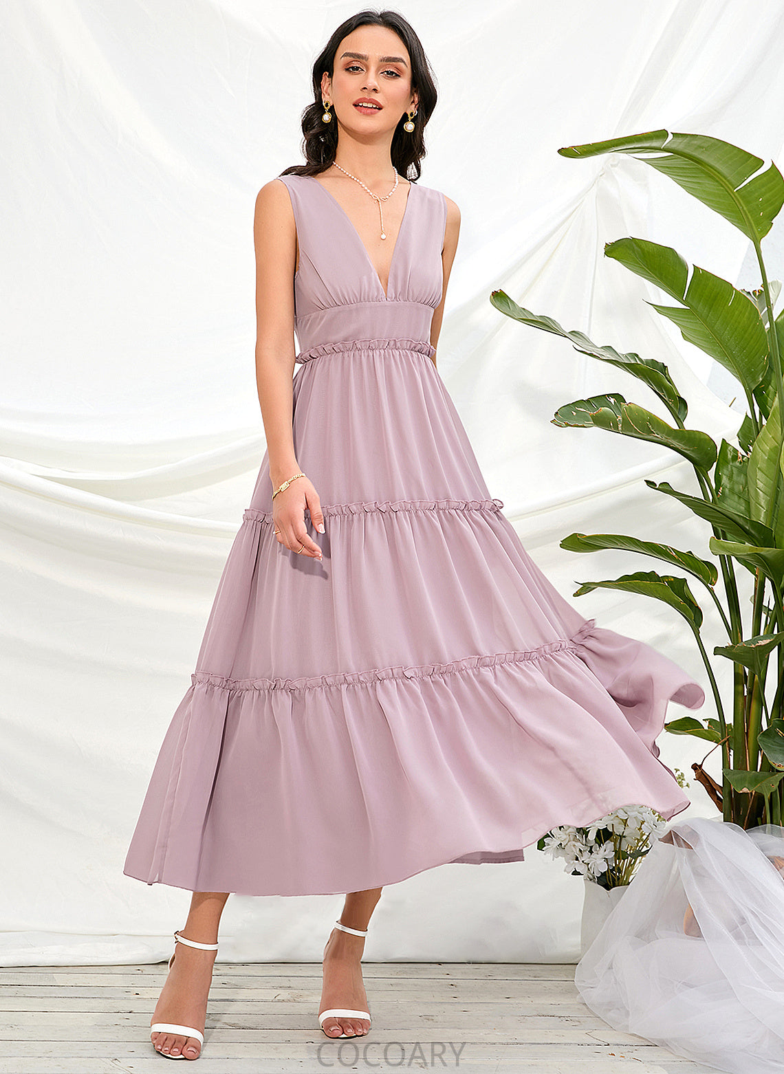 Tea-Length Length A-Line Silhouette V-neck Straps Fabric Polyester Neckline Destinee Spaghetti Staps Trumpet/Mermaid Bridesmaid Dresses