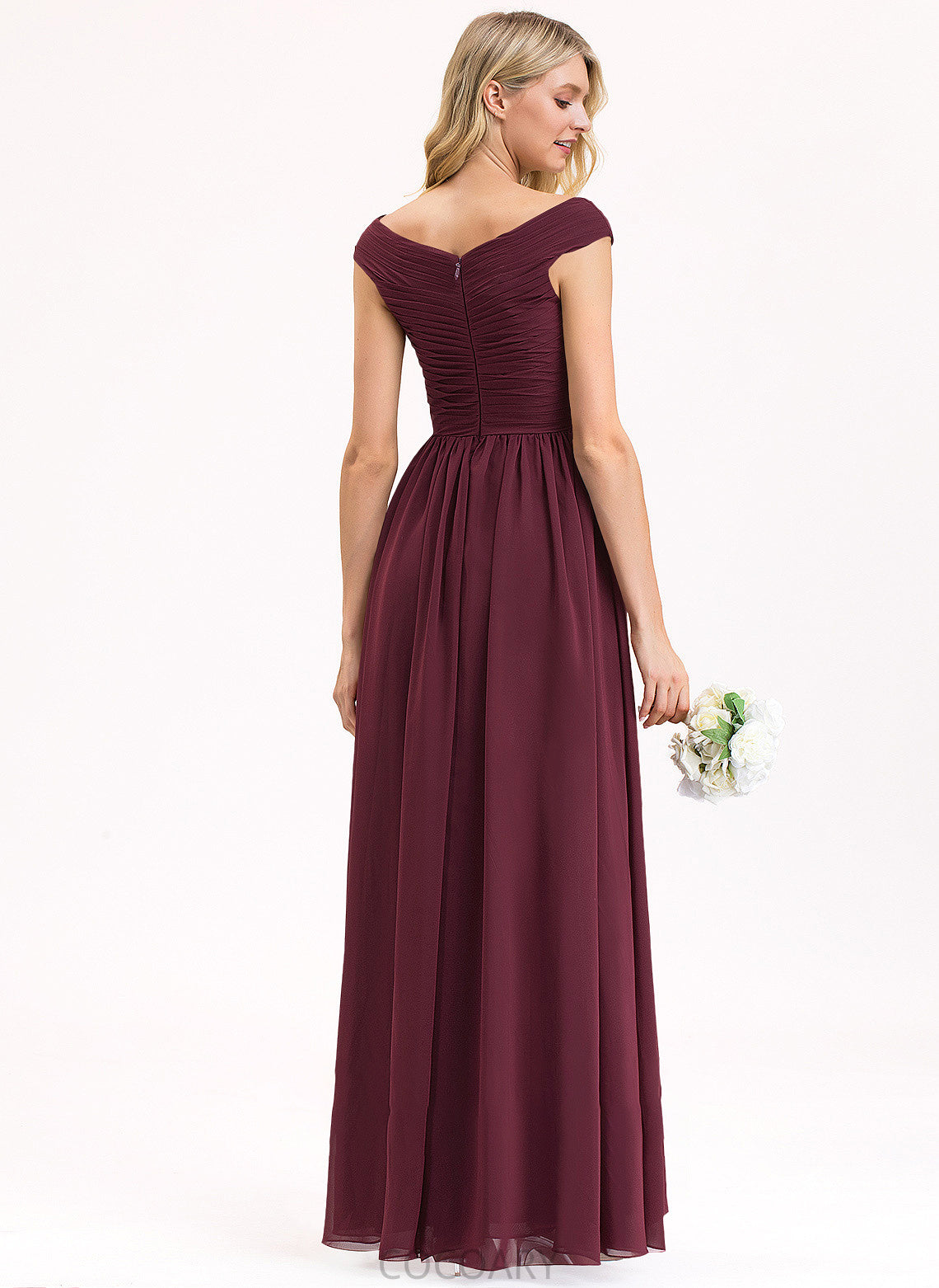 Floor-Length Silhouette Pockets A-Line Ruffle SplitFront Fabric Embellishment Off-the-Shoulder Length Neckline Liz Bridesmaid Dresses