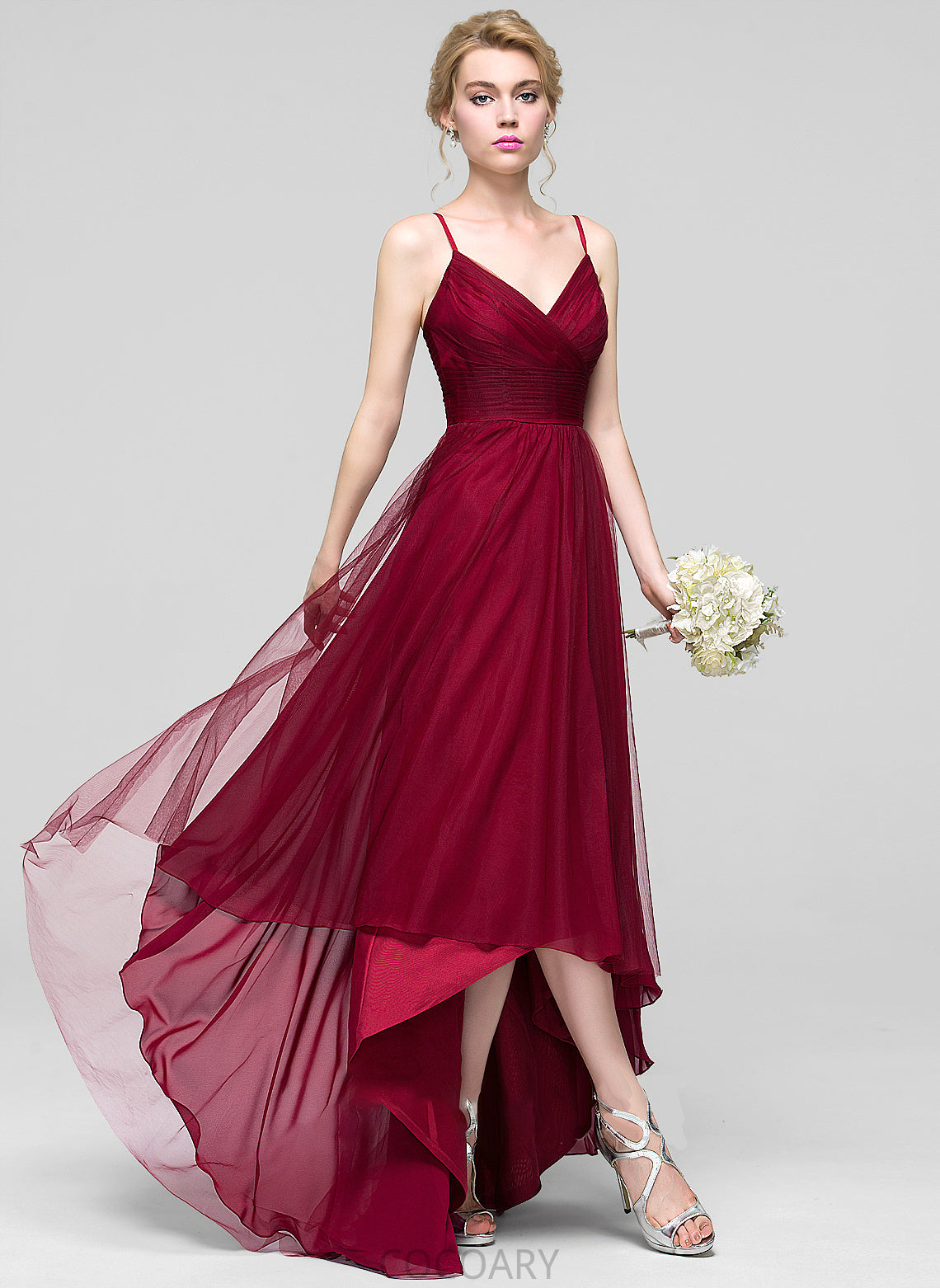 Fabric Asymmetrical Silhouette A-Line Length Neckline Ruffle Embellishment V-neck Alexandria Sleeveless Natural Waist Bridesmaid Dresses