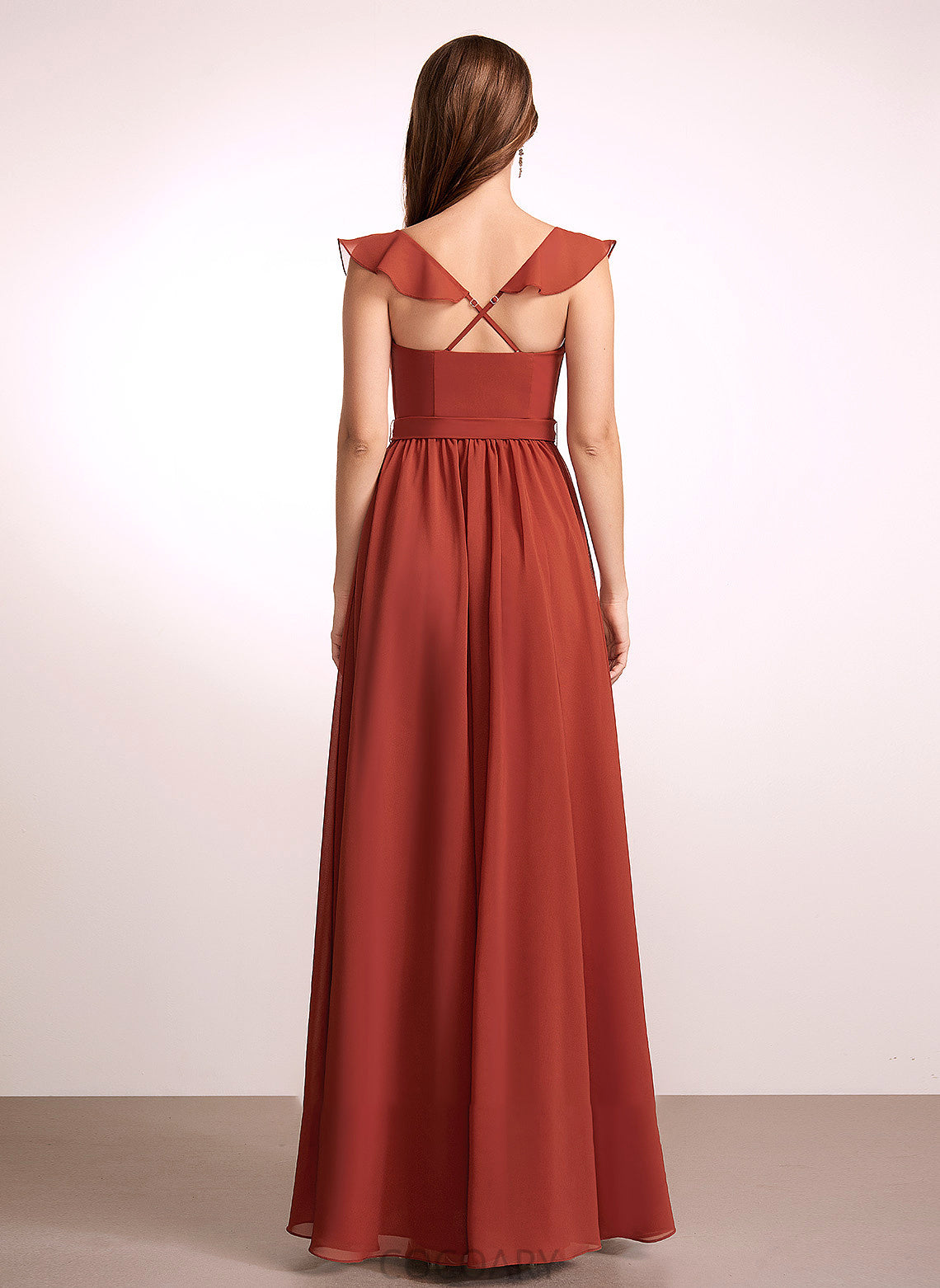 Embellishment Neckline Ruffle A-Line Fabric Silhouette V-neck Floor-Length Length Hayley One Shoulder Sleeveless Bridesmaid Dresses