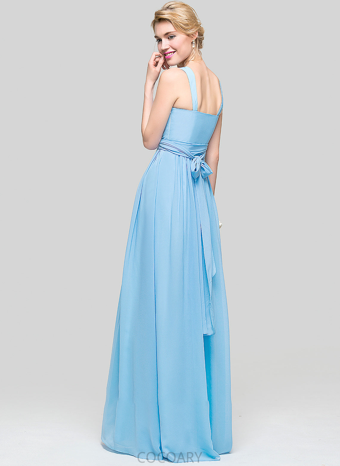 Floor-Length A-Line Fabric Bow(s) Silhouette Ruffle V-neck Embellishment Length Neckline Gertie Spaghetti Staps Bridesmaid Dresses