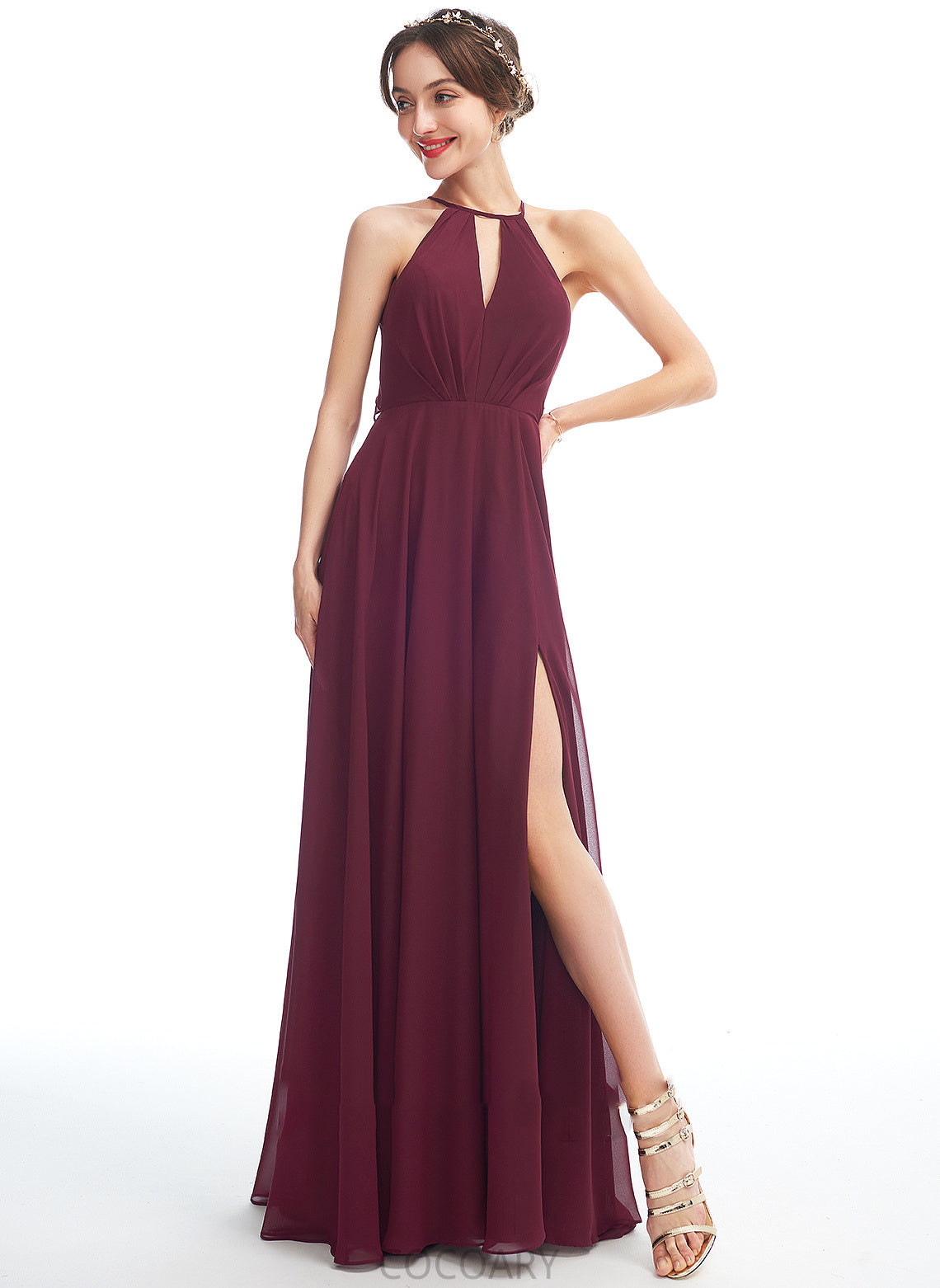 SplitFront Length Silhouette Embellishment Neckline Halter Fabric Floor-Length A-Line Janae Floor Length Sleeveless Bridesmaid Dresses