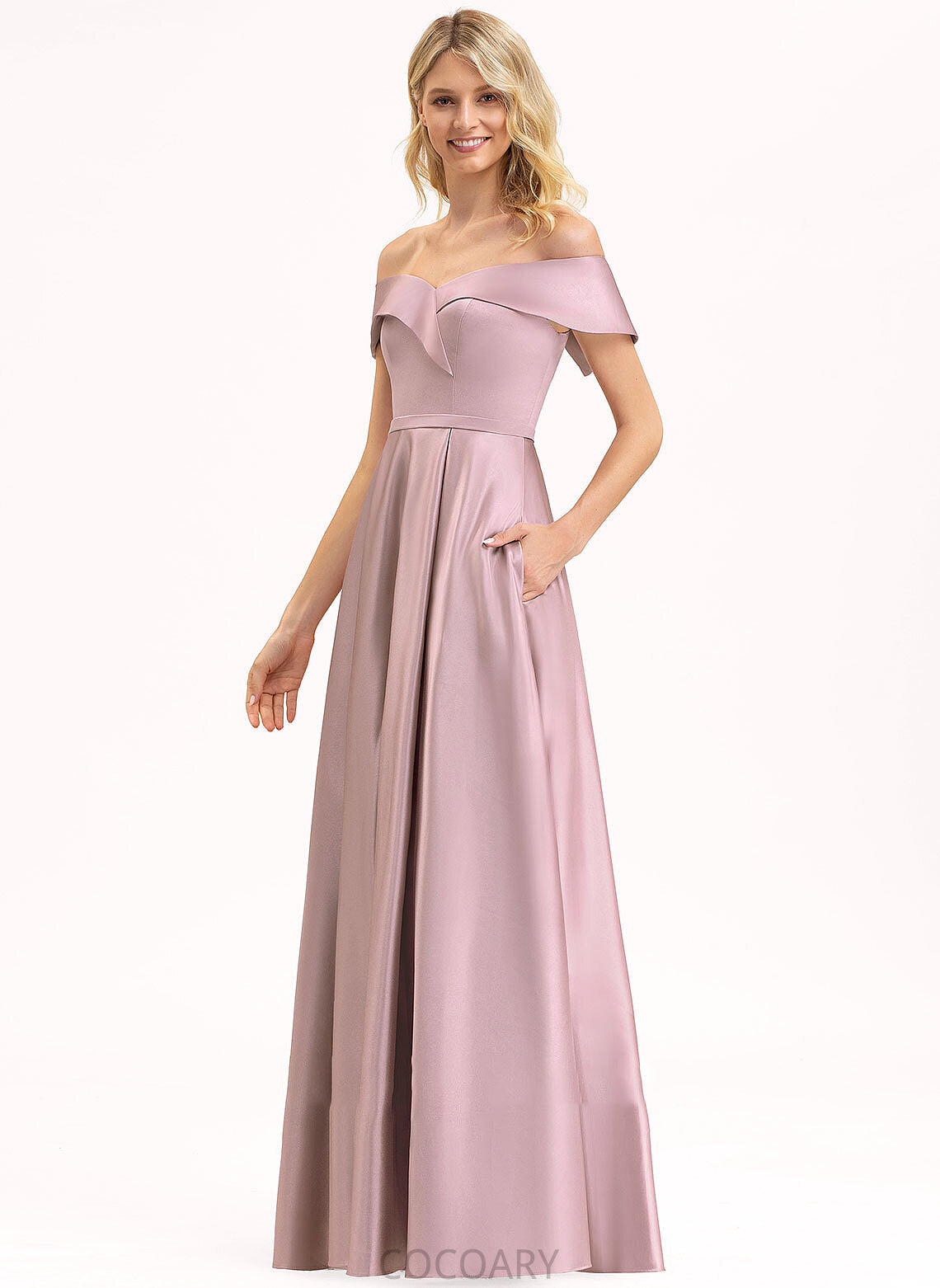 Embellishment Pockets Fabric Neckline Off-the-Shoulder Length A-Line Floor-Length Silhouette Poll Sheath/Column Sleeveless Bridesmaid Dresses