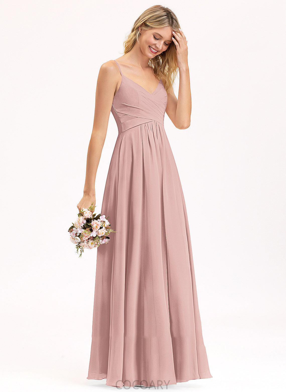 Silhouette A-Line Length Embellishment Floor-Length Fabric Neckline V-neck Ruffle Leticia Scoop Natural Waist Bridesmaid Dresses